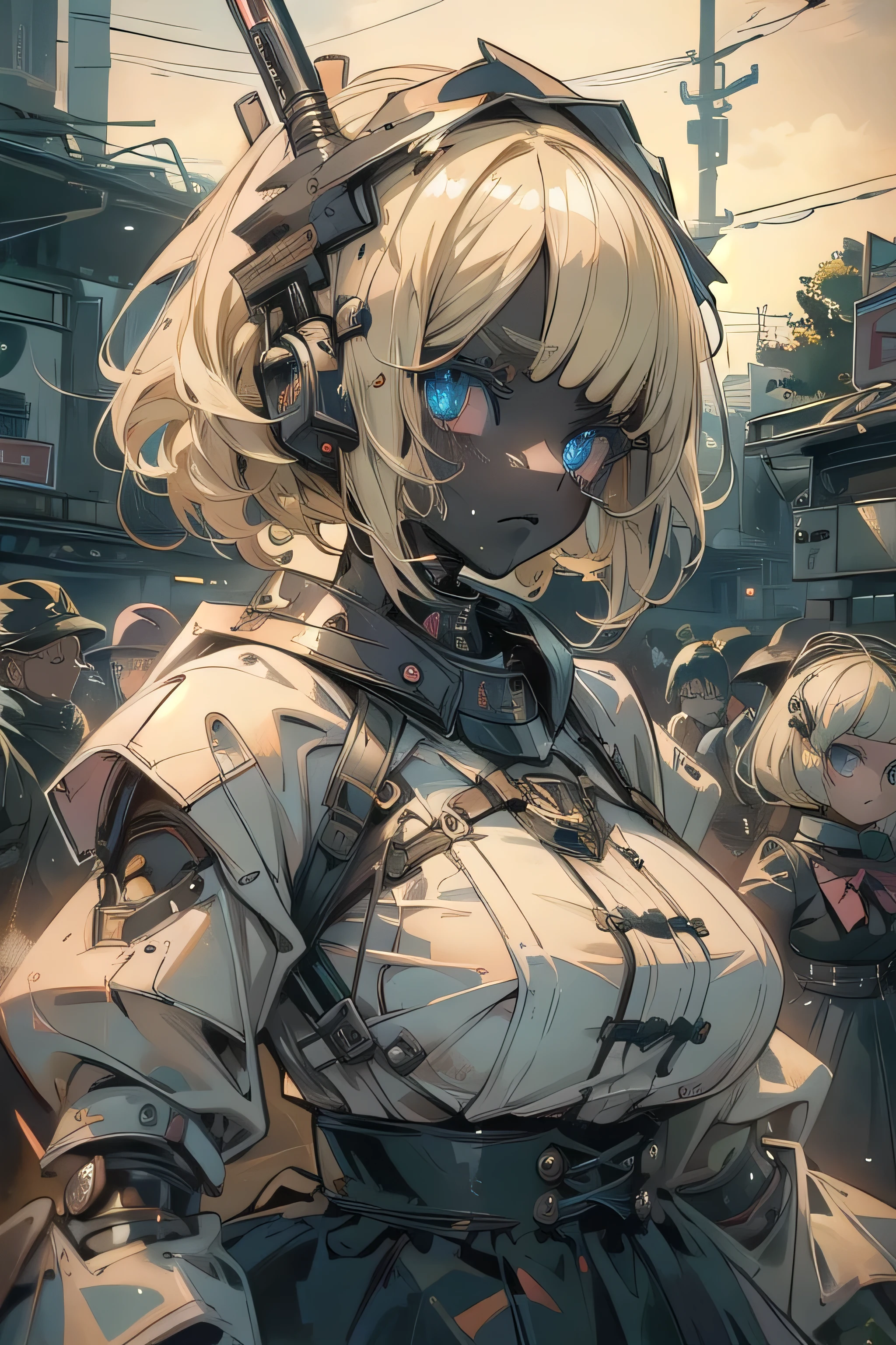 (masterpiece:1.2), (highest quality:1.2), Perfect Eyes, Perfect Face, Perfect lighting, One girl,bob, Complicated hairstyle, compensate, Black Lips, Thick eyelashes, sad, melancholy Beautiful Landscape,Blonde Hair,Assault rifle,doll,doll,doll,(large breasts)