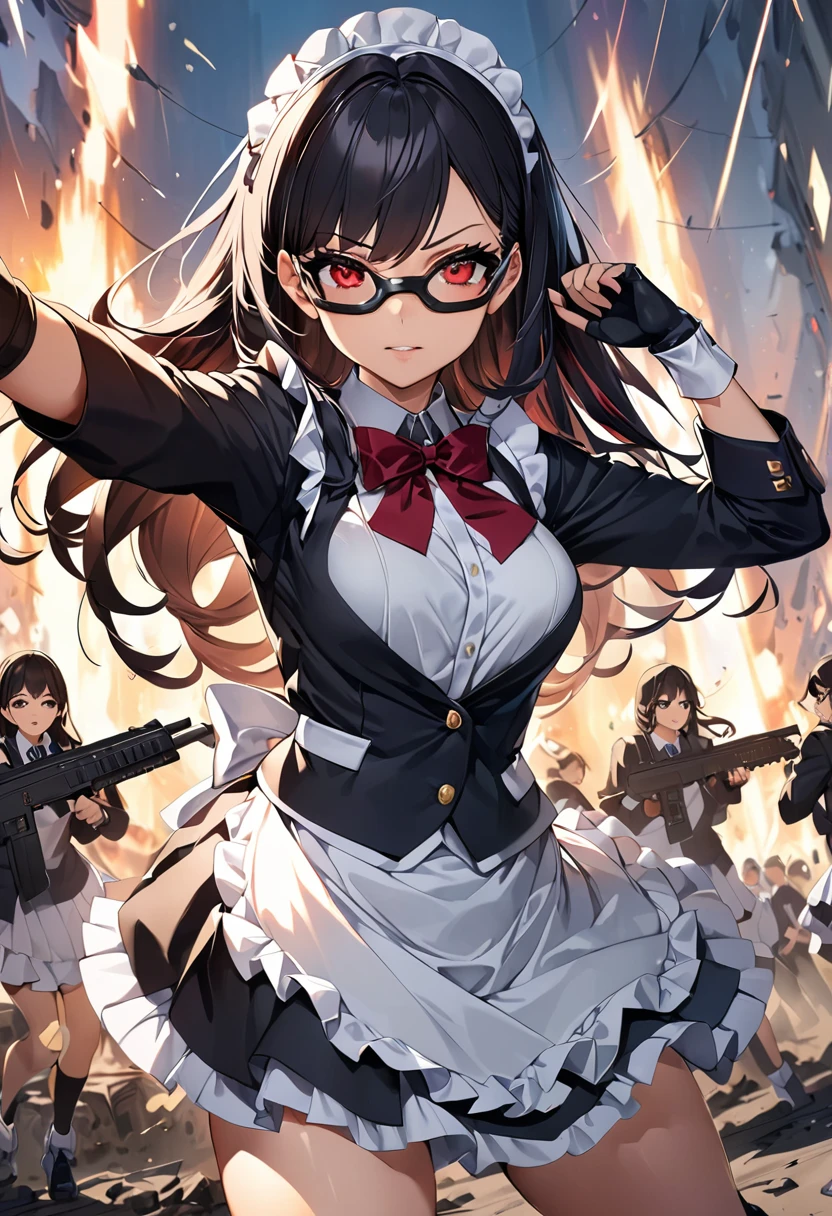 masterpiece、highest quality、Ultra-high resolution、Maximum resolution、Very detailed、Professional Lighting、anime、woman、thin、so beautiful、high school girl、Maid clothes、Has an assault rifle、Red Eye、Black Hair、long hair、Fingerless gloves、Equipped with shooting glasses、Standing alone on the battlefield、Holding a gun in a bold pose、Quick Movement
