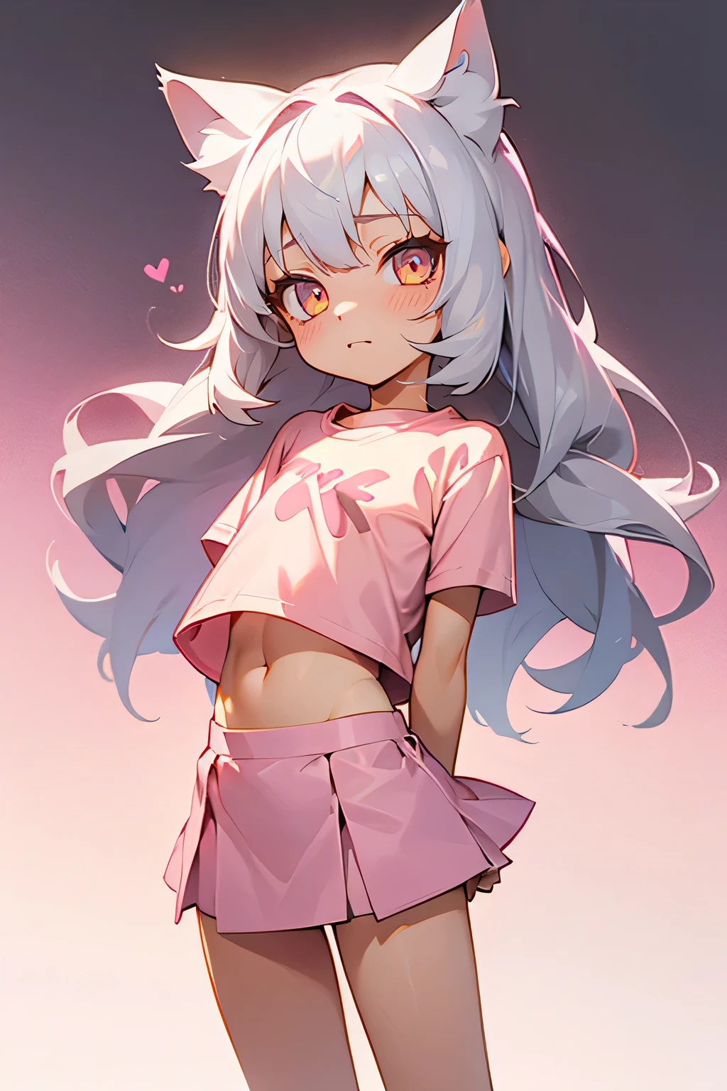 1girl, silver hair, golden eyes with pupils, ((skinny)), ((ite)), small, ((neko)), (cropped solid pastel pink tshirt), long hair, short skirt, (((kid, cat ears, happy, blush, midriff, at school