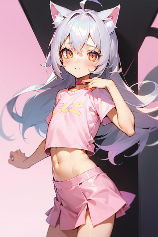 1girl, silver hair, golden eyes with pupils, ((skinny)), ((petite)), short, small, ((neko)), (cropped solid pastel pink tshirt), long hair, short skirt, (((kid))), cat ears, happy, blush, flat chest, midriff, at school, tummy