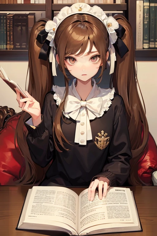1lady,solo,top-quality、Full limbs,complete fingers、Slender beauty,straight haired,twin tail,brown haired、ribbon,Sitting and reading a book,in library,