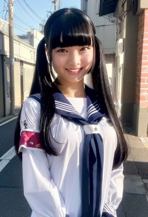One girl,(She is wearing an erotic open sailor uniform:1.4),(In the alleys of downtown Shibuya),(RAW Photos, highest quality), (Realistic, photo-Realistic:1.4), masterpiece, Very delicate and beautiful, Very detailed, 2k wallpaper, wonderful, In detail, Very detailed CG unity 8k wallpaper, Very detailedな, High resolution, Hard Light, Grainy,Beautiful detailed girl, Very detailed eyes and face, Beautifully detailed nose, Beautiful fine details,Cinema Lighting,sunlight,Perfect Anatomy,smile, Larger breasts、White bra、Sailor suit with an open chest