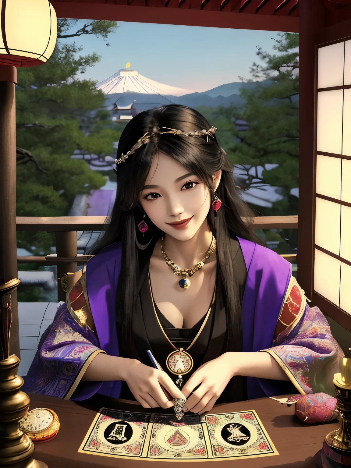 gypsy woman, Vibrant colors, sit at a table with tarot cards and candles, Realist, masterpiece、highest quality,Perfect lighting,(((Female Tarot card reader))),She is smiling as she looks at the many tarot cards laid out on the table.,(((Beautiful Japanese fortune teller))),Mysterious mood,A bookshelf filled with beautiful ornaments,Background of a Japanese-style room with a beautiful Shinto altar,