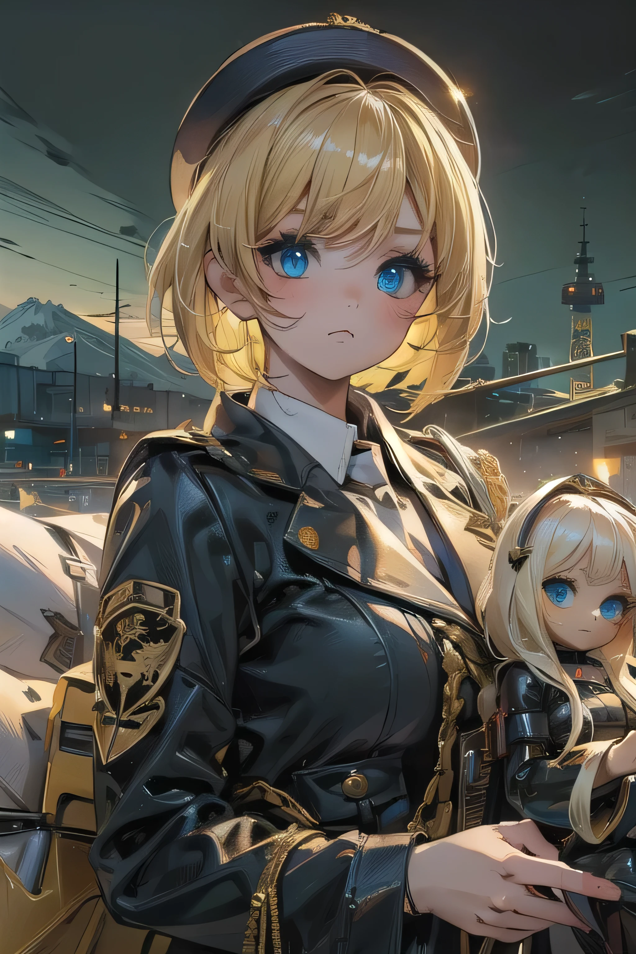 (masterpiece:1.2), (highest quality:1.2), Perfect Eyes, Perfect Face, Perfect lighting, One girl,bob, Complicated hairstyle, compensate, Black Lips, Thick eyelashes, sad, melancholy Beautiful Landscape,Blonde Hair,Assault rifle,doll,doll,doll,(large breasts)