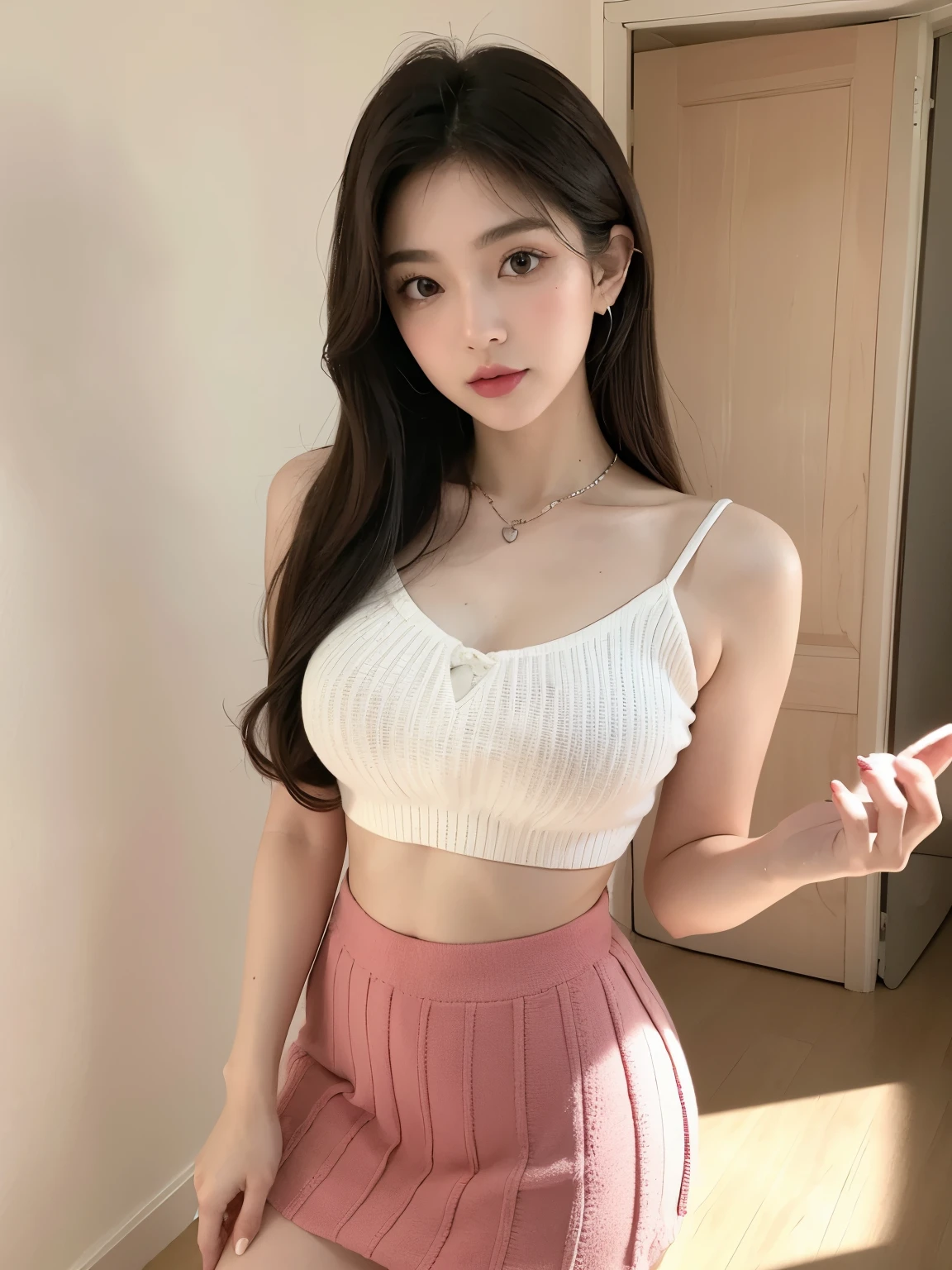 Kim Jennie with white brown hair, con rulos en las puntas, all her hair white brown, with a star clip in her white brown hair, ojos de color claro, ojos bonitos, ojos llorosos, nariz bonita y respingada, nariz lloroso, labios bonitos, labios rosas, heart and cupid shaped lip, piel bonita, pale, piel blanca, con lunares y pecas en todo el rostro, rubor rosa suave en las mejilla, rubor rosa natural, maquillaje suave y rosa, jennie, cuello bonito, cuello marcado, frown, mirada tierna, con un collar de beso, un collar bonito de beso, parecido a Yumeko Jabami, mientras lleva puesto un Crochet YK2, de lana, with a YK2 style brown mini skirt, mientras lleva una casaca con estampados de ositos, mientras tiene el abdomen desnudo, delgado, marcado y bonito, (pechos grandes, pechos suaves, pechos bonitos), mientras esta haciendo cospaly del personaje Yumeko Jabami, del anime Kakegurui, mirando a la camara, autofoto, selfie bonita