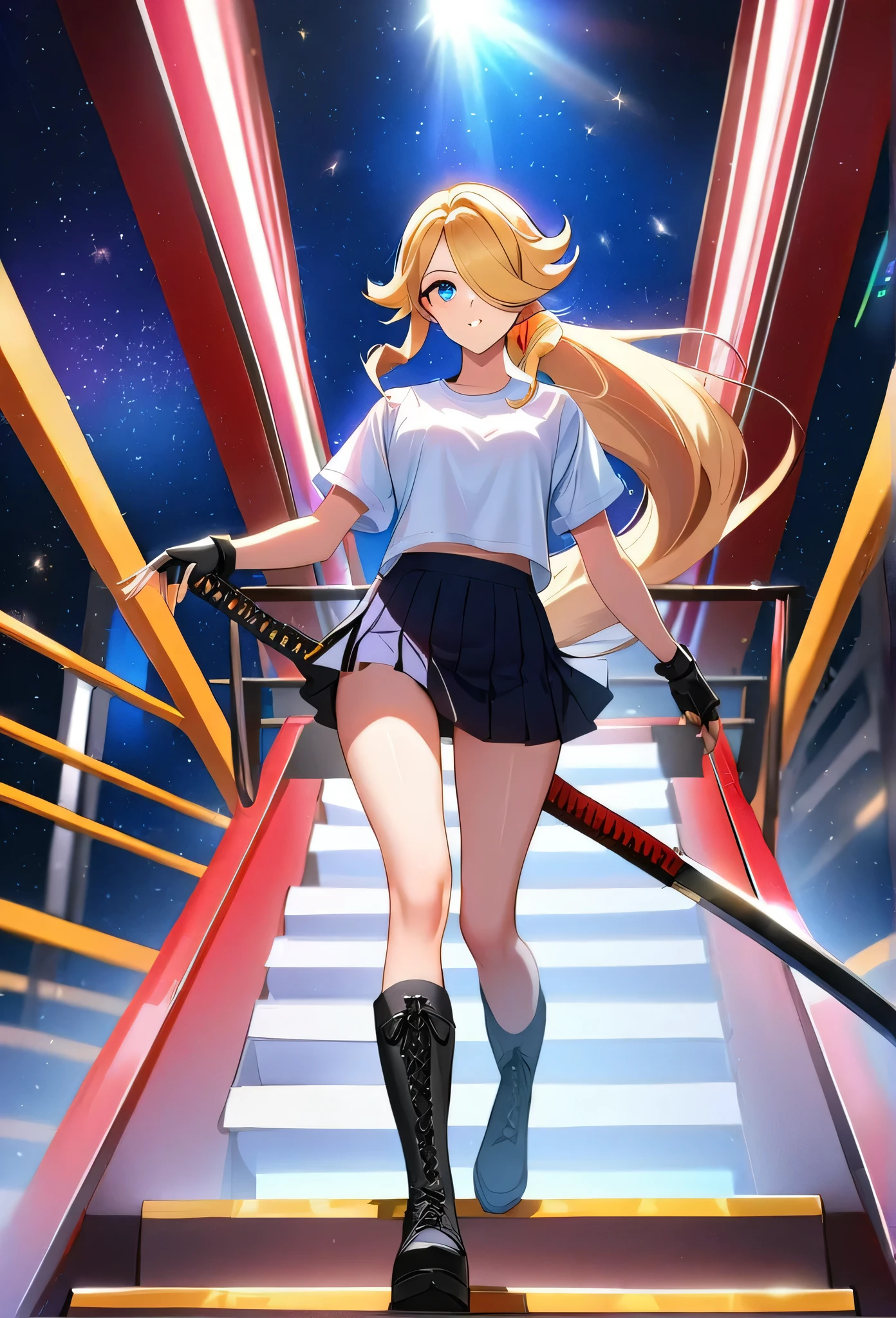 1 girl, ultra long ponytail hair, side bangs hair, gorgeous woman, hair over one eye Rosalina hair style, blonde, red bangs in the hair, with red fringes, ultra detailed face, glowing lips, glowing, school girl, glowing lips, glowing blue eyes, elegant walk, catwalk, cute, long eyelashes, long black boots , looking to the sky, starry sky, holding down a katana, ultra detailed katana, short skirt, fingerless gloves, fitness, confident, white t shirt, cute woman