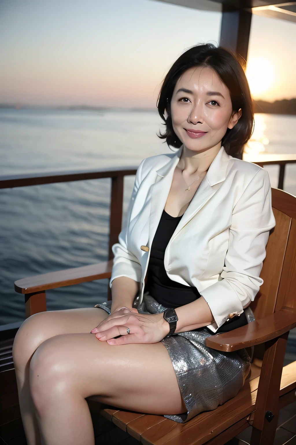 Chi、1 female、1 female teacher,(so beautiful)、(Beautiful Face:1.5)、（４０Year）、Mature Woman、40Year、Perfect Makeup, suit, (mini skirt:1.2)、Sit in a chair on a luxury cruise ship、Amazing sunset,Sparkling Sunset,Sparkling Sunset,I can see the sunset,Romantic Sunset,Beautiful sunset,Amazing sunset,The light of the setting sun illuminates the room,I can see the sunset from the classroom.,Amazing sunset,Looking into the camera,The Most Beautiful Face in Japan,Mature Appearance,smile gently,smile,,Face is close,If you look at this,short hair,Straight hair,Big Breasts,Accentuate the fullness of your breasts,Wrinkle-free skirt,There are no wrinkles in the skirt,Tight Skirt,Short Tight Skirt,Great quality,Beautiful Hair,Transparent Photo,海のDetailed Background,The Most Beautiful Face in Japan,Check it out here,Perfect Fingers,Perfect Face,Detailed Background,Fair skin,Translucent white skin,Perfect Fingers,Detailed Background,highest quality,Ultra-high resolution,Perfect Anatomy,High-quality RAW color photos,Professional photos, Very delicate, Very detailed,finely, Large file size,Best imYear quality,8k,Award-winning works,Tabletop,Professional photos shooting、（G-cup breasts）