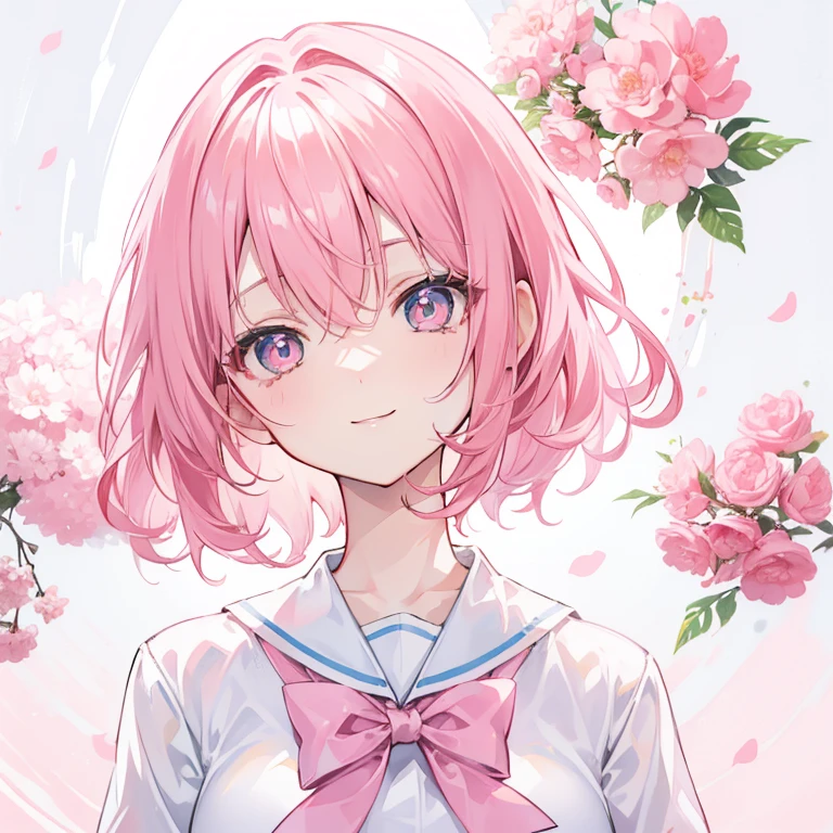 Short pink hair with a sense of transparency,Wearing a milky white ultra-light pink ,Light pink pupils,Super cute sweet girl, a sweet smile is visible on the face, clothes are made in the style of Japanese school uniforms