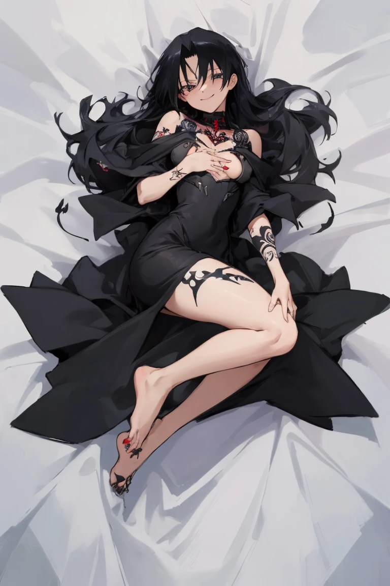 ((highest quality)), ((masterpiece)), (be familiar with),Full Metal Alchemist,last,{{nsfw}},Black Dress,girl,Chest tattoo, Bewitching Smile,whole body,Heel,Black Hair