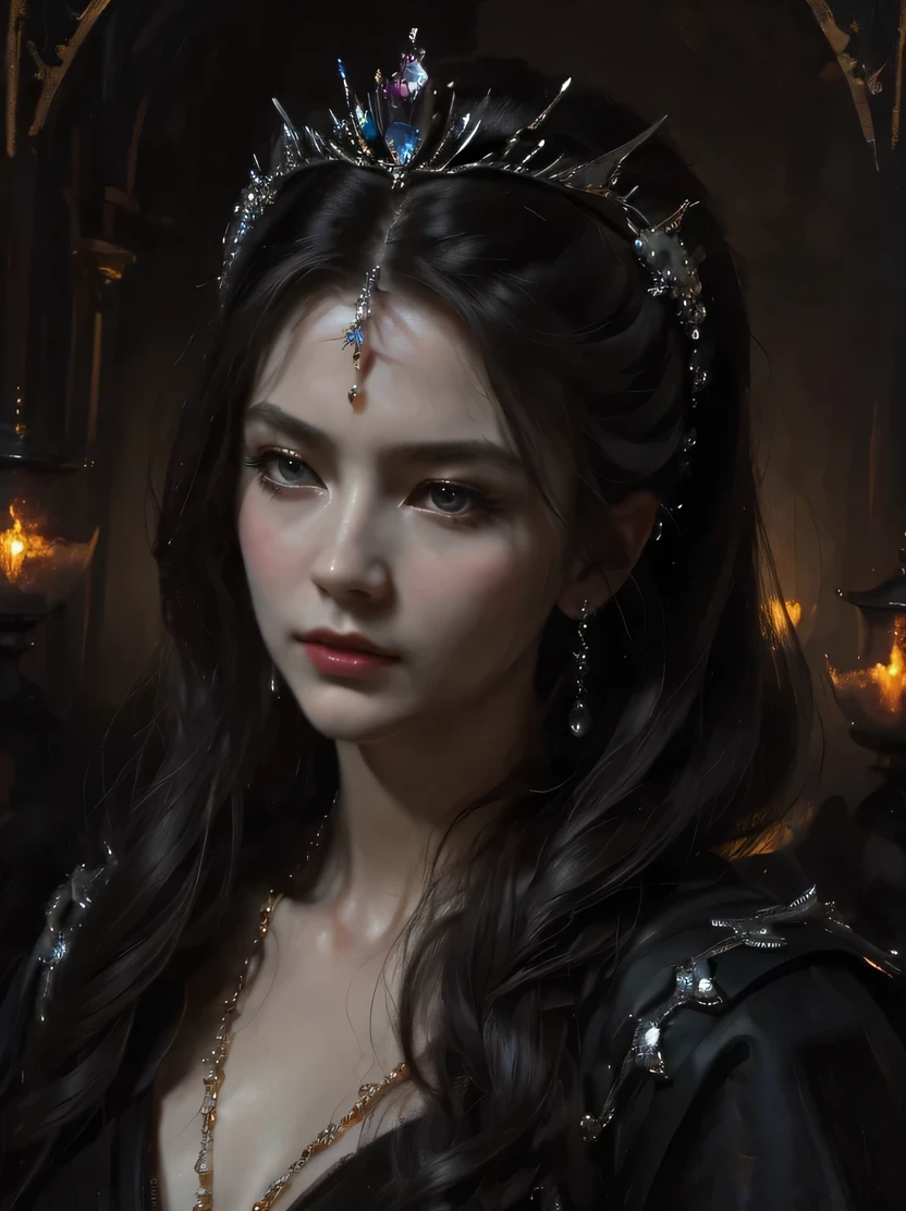 ((masterpiece、highest quality、Very detailed、High resolution、Sharp focus、Cinema Lighting))、(1 female、Bust Shot、Face Light))、Adult woman in her 40s、A stunning portrait of an exiled queen、Persephone, Queen of the Dead、Lilith、Black tone、Mysterious horror、Gothic、darkness、pitch black darkness、none、Black Ghost、Immortal Soul、Strict atmosphere、Solemn atmosphere、There is elegance、dignity、Solemn、Fascinating、jewelry/accessories、The cruel queen of the night、Oil、((View your viewers))、masterpiece
