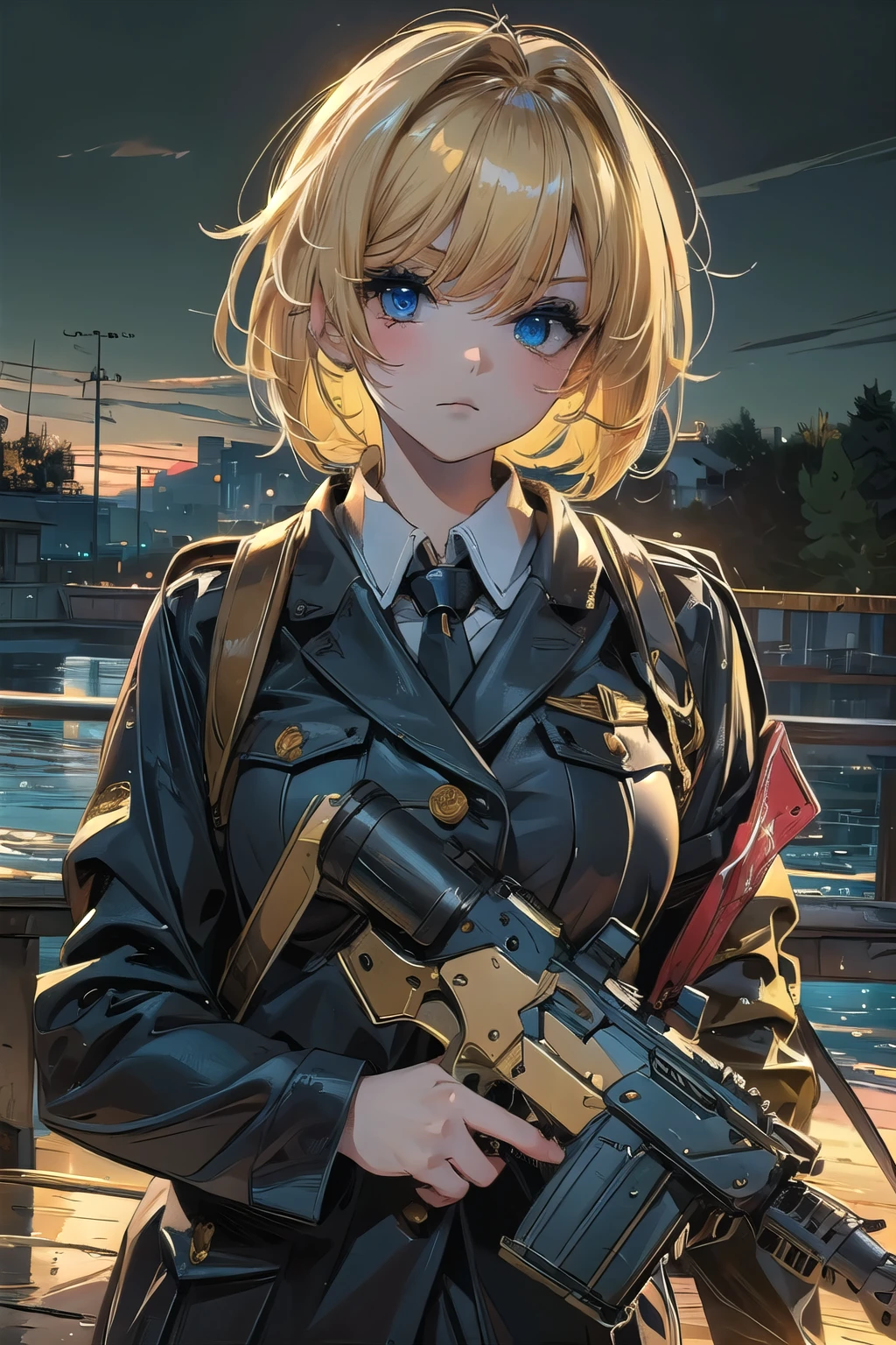 (masterpiece:1.2), (highest quality:1.2), Perfect Eyes, Perfect Face, Perfect lighting, One girl,bob, Complicated hairstyle, compensate, Black Lips, Thick eyelashes, sad, melancholy Beautiful Landscape,Blonde Hair,Assault rifle,(large breasts)