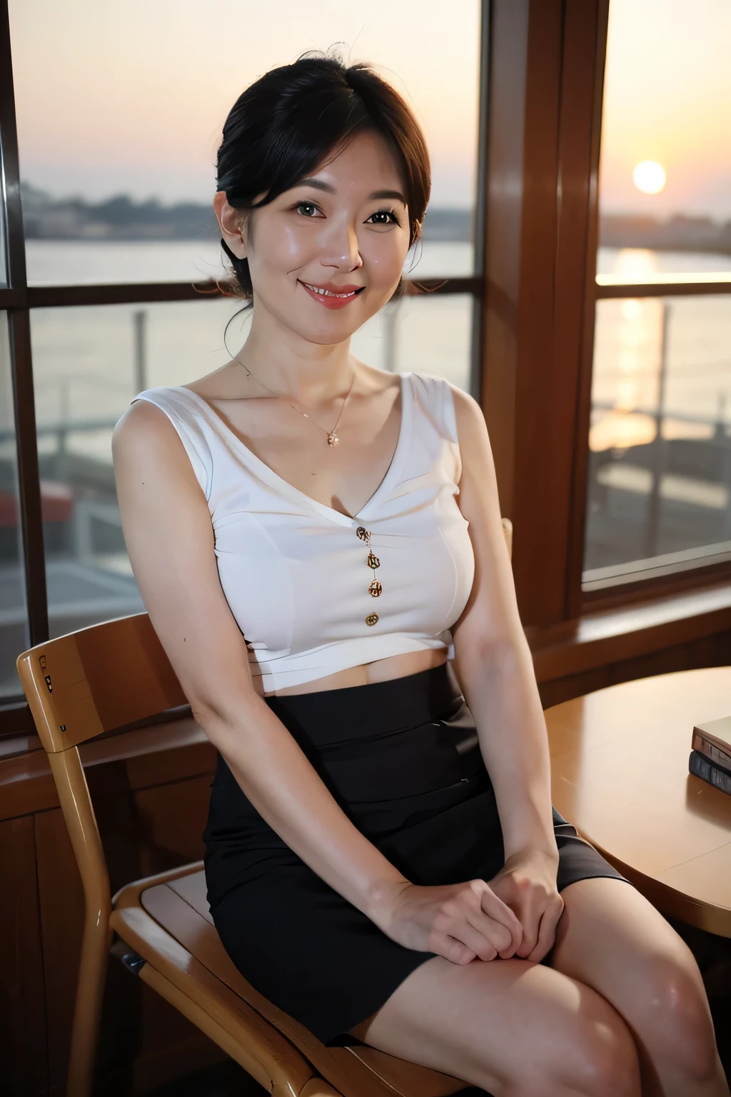 1 female、1 female teacher,(so beautiful)、(Beautiful Face:1.5)、(40age)、Mature Woman、40 years、Perfect Makeup, suit, (mini skirt:1.2)、Sitting in a chair on a luxury cruise ship、Amazing sunset,Sparkling sunset,Sparkling sunset,You can see the sunset,Romantic Sunset,Beautiful sunset,Amazing sunset,The light of the setting sun illuminates the room,You can see the sunset from the classroom.,Amazing sunset,Looking at the camera,The most beautiful face in Japan,Mature appearance,smile gently,smile,,Face is close,When I look at this,short hair,Straight hair,Large Breasts,Accentuate the fullness of your breasts,Wrinkle-free skirt,There are no wrinkles in the skirt,Tight Skirt,Short Tight Skirt,Super quality,Beautiful Hair,Transparent Photo,海のDetailed Background,The most beautiful face in Japan,Watch it here,Perfect Fingers,Perfect Face,Detailed Background,Fair skin,Clear white skin,Perfect Fingers,Detailed Background,highest quality,Ultra-high resolution,Perfect Anatomy,High-quality RAW color photos,Professional photos, Very delicate, Very detailed,finely, Large file size,Best image quality,8k,Award-winning works,Tabletop,Professional photos shooting、(G-cup breasts),(A big smile)