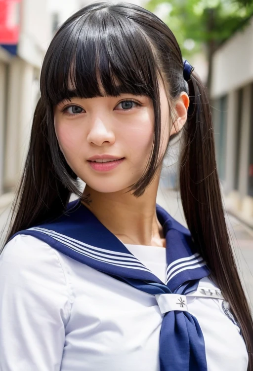 One girl,(She is wearing a sailor uniform with a large opening at the chest.:1.4),(In the alleys of downtown Shibuya),(RAW Photos, highest quality), (Realistic, photo-Realistic:1.4), masterpiece, Very delicate and beautiful, Very detailed, 2k wallpaper, wonderful, In detail, Very detailed CG unity 8k wallpaper, Very detailedな, High resolution, Hard Light, Grainy,Beautiful detailed girl, Very detailed eyes and face, Beautifully detailed nose, Beautiful fine details,Cinema Lighting,sunlight,Perfect Anatomy,smile, Larger breasts、White bra、