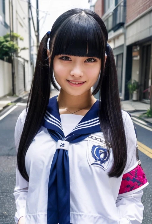 One girl,(She is wearing a sailor uniform with a large opening at the chest.:1.4),(In the alleys of downtown Shibuya),(RAW Photos, highest quality), (Realistic, photo-Realistic:1.4), masterpiece, Very delicate and beautiful, Very detailed, 2k wallpaper, wonderful, In detail, Very detailed CG unity 8k wallpaper, Very detailedな, High resolution, Hard Light, Grainy,Beautiful detailed girl, Very detailed eyes and face, Beautifully detailed nose, Beautiful fine details,Cinema Lighting,sunlight,Perfect Anatomy,smile, Larger breasts、White bra、