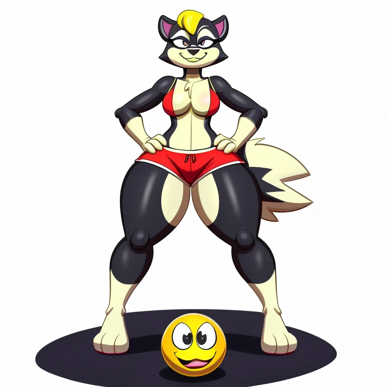 A Sexy black Anthro skunk wearing red shorts and has thick sexy thighs, standing on a Souless, lifeless, position and in a white background and hands on hips, and looking at a Yellow smiley ball on the floor, and in the STARTOONS animation aesthetic