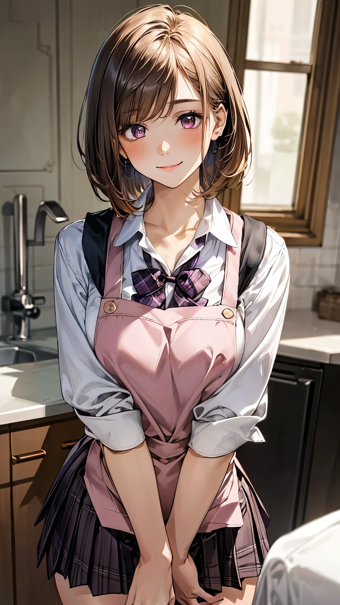(masterpiece:1.3, top-quality, ultra high res, ultra detailed), (realistic, photorealistic:1.4), beautiful illustration, perfect lighting, natural lighting, colorful, depth of fields, surrealism,
beautiful detailed hair, beautiful detailed face, beautiful detailed eyes, beautiful clavicle, beautiful body, beautiful chest, beautiful thigh, beautiful legs, beautiful fingers, shiny skin, babyface,
looking at viewer, (face focus, upper body), 1 girl, japanese, high school girl, (perfect anatomy, anatomically correct, super detailed skin), cute and symmetrical face, perfect face, perfect eyes,
(middle hair, bob cut, straight hair, copper tone hair), swept bangs, brown eyes, drooping eyes, big eyes, long eyelashes, (large breasts:1.2, seductive thighs), slender, outstanding style,
((detailed cloth texture, pink apron, break,break, white collared shirt, purple plaid pleated skirt, purple plaid bow tie)),
(beautiful scenery), evening, (kitchen room), standing, hands between legs, (lovely smile:1.2),