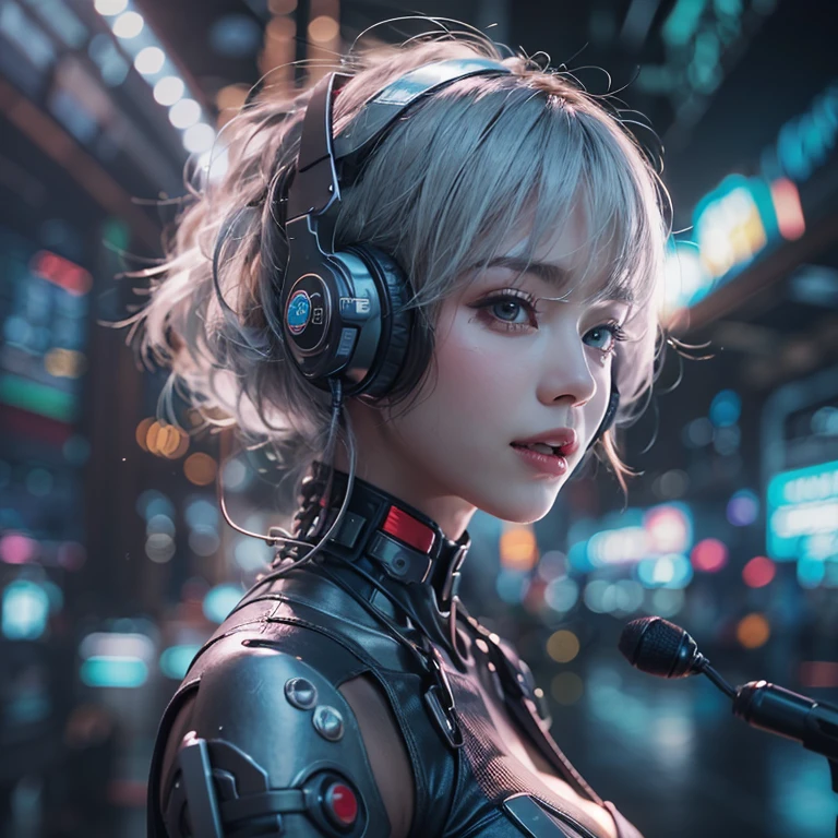 futuristic space、Hair flows、 ((highest quality、masterpiece、8k、best image quality、ultra high resolution、Award-winning work)、(accurate anatomy:1.1)、(look at me and smile:1.1)、Shining fair skin with ultra high resolution、most detailed face、ultra high resolution detailed face、ultra high resolutionの髪の毛、(ultra high resolutionの煌めく瞳:1.1)、Beautiful face drawn in every detail、(blurred background:1.1)、cyberpunk costume :1.3, chest together, diva singing microphone、