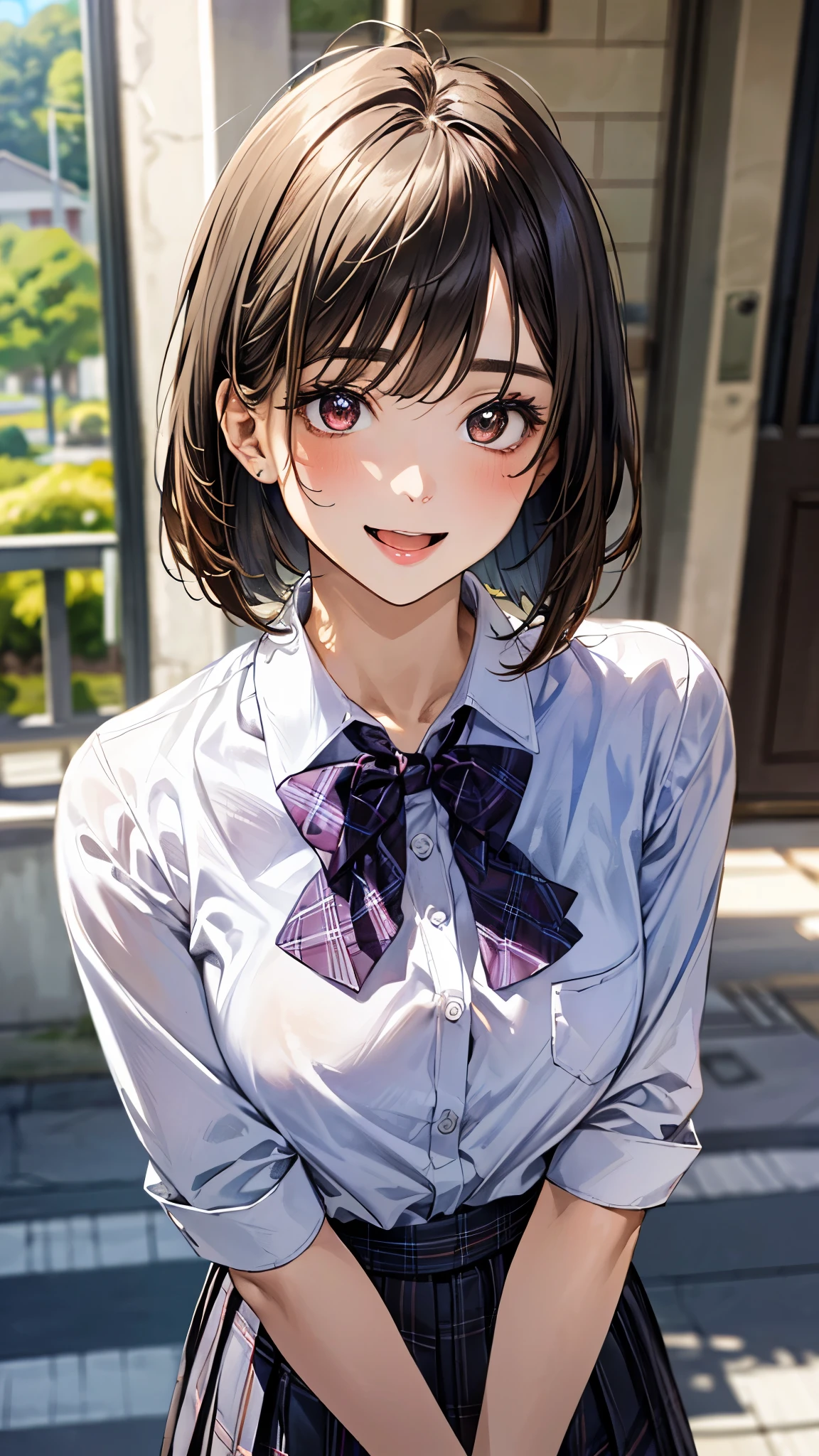 (masterpiece:1.3, top-quality, ultra high res, ultra detailed), (realistic, photorealistic:1.4), beautiful illustration, perfect lighting, natural lighting, colorful, depth of fields, surrealism,
beautiful detailed hair, beautiful detailed face, beautiful detailed eyes, beautiful clavicle, beautiful body, beautiful chest, beautiful thigh, beautiful legs, beautiful fingers, shiny skin, babyface,
looking at viewer, (face focus, upper body), 1 girl, japanese, high school girl, (perfect anatomy, anatomically correct, super detailed skin), cute and symmetrical face, perfect face, perfect eyes,
(middle hair, bob cut, straight hair, copper tone hair), swept bangs, brown eyes, drooping eyes, big eyes, long eyelashes, (large breasts:1.2, seductive thighs), slender, outstanding style,
((detailed cloth texture, white collared shirt, purple plaid pleated skirt, purple plaid bow tie), white socks, black loafer),
(beautiful scenery), evening, (school), walking, (lovely smile, open mouth),