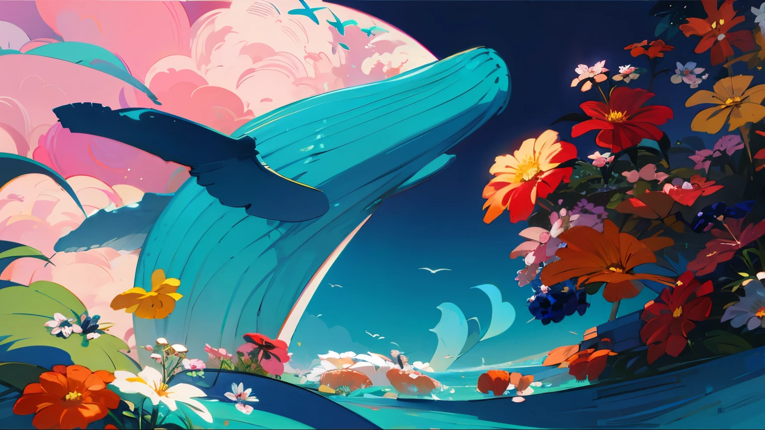 An ocean of flowers，Garland on the head，Whales leap out of the sea