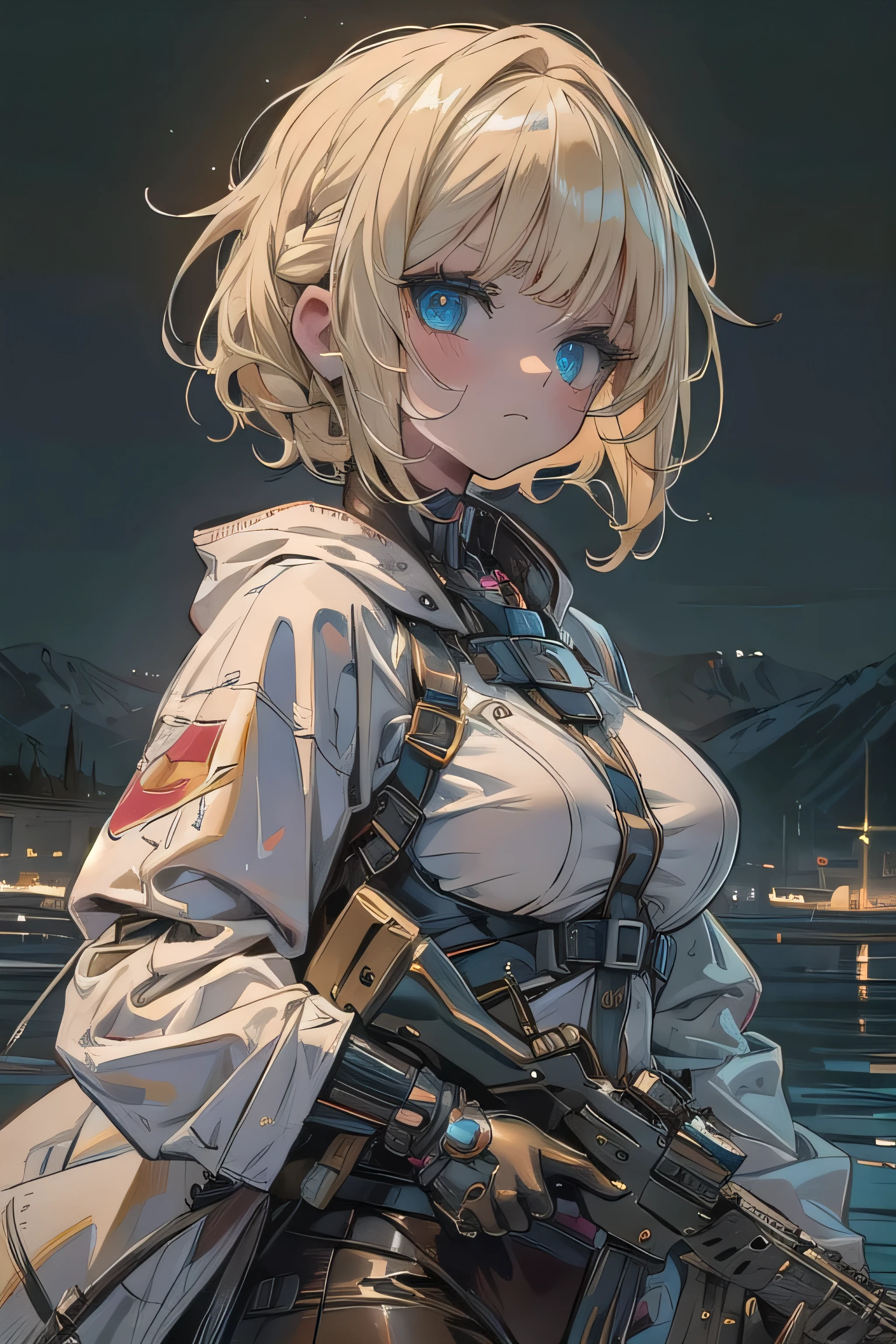 (masterpiece:1.2), (highest quality:1.2), Perfect Eyes, Perfect Face, Perfect lighting, One girl,bob, Complicated hairstyle, compensate, Black Lips, Thick eyelashes, sad, melancholy Beautiful Landscape,Blonde Hair,Assault rifle,(large breasts)