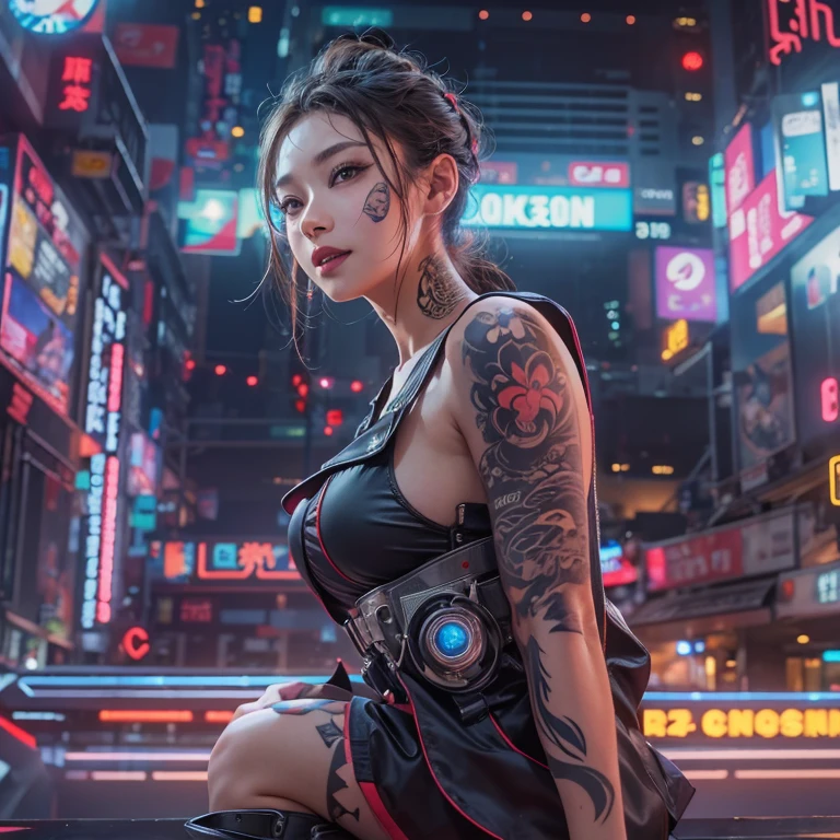 Futuristic mobile vehicle、Hair Flow、 ((Highest quality、masterpiece、8k、Best image quality、Ultra-high resolution、Award-winning works)、(Accurate anatomy:1.1)、(Look at me and smile:1.1)、Shining fair skin with Ultra-high resolution、The most detailed face、Ultra-high resolution detailed face、Ultra-high resolutionの髪の毛、(Ultra-high resolutionの煌めく瞳:1.1)、Beautiful face drawn in every detail、(Blurred Background:1.1)、Cyberpunk Clothing, Chest to chest, tattoo, desert