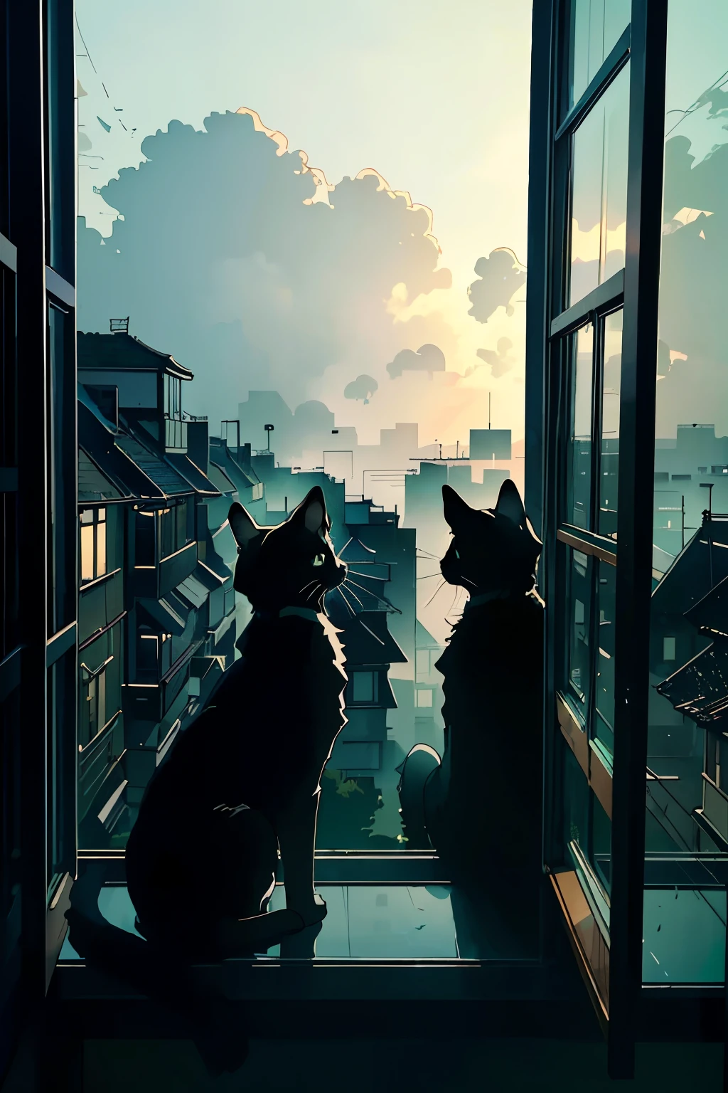 (Masterpiece, Two cats, Sitting on windowsill, Apartment, Cityscape, Dark green & blue color palette), Atmospheric fog, Background, Tatsuro Kiuchi style, Soft lighting, Vintage film still aesthetic, 35mm lens, f/20 aperture --

A captivating masterpiece of two felines intently observing the bustling cityscape from their vantage point atop a windowsill, bathed in a dark green and blue color palette. The ethereal atmosphere of the scene is accentuated by the presence of atmospheric fog, which blankets the background in soft, dreamlike mystery. This intricately detailed artwork, inspired