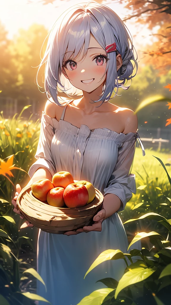 17-year-old woman、Short hairstyle with silver hair and bob, Hair tied in a bun with a hair clip, Pink eyes、、Big smile、Onepiece、(hi-top fade:1.3)、dark themed、Muted Tones、Subdued Color、highly contrast、Green meadow background、Have autumn fruits、apple、(natural skin textures、Hyper-Realism、Soft light、sharp)