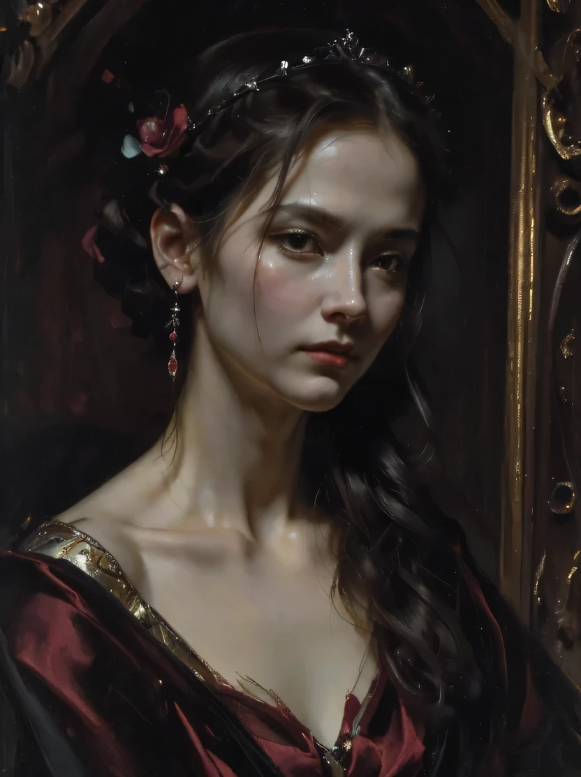 ((masterpiece、highest quality、Very detailed、High resolution、Sharp focus、Cinema Lighting))、(1 female、Bust Shot、Face Light))、Adult woman in her 40s、A stunning portrait of an exiled queen、Persephone, Queen of the Dead、Lilith、Captivating woman、There is elegance、Jewelry and Accessories、The cruel queen of the night、Black tone、Mysterious horror、Gothic、darkness、none、Black Ghost、Immortal Soul、Strict atmosphere、Solemn atmosphere、Oil painting、((View your viewers))、masterpiece