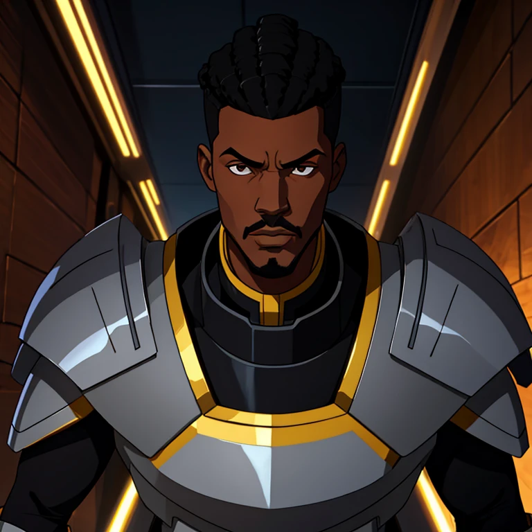 Tall black man with high top hairstyle, battle suit armor, mid 30s.