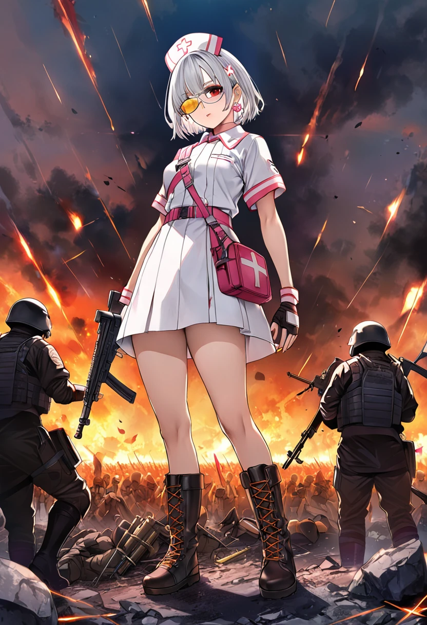 masterpiece、highest quality、Ultra-high resolution、Maximum resolution、Very detailed、Professional Lighting、anime、Adult female、thin、so beautiful、、Nurse uniform、Has a submachine gun、Red Eye、Silver Hair、Short Hair、Earrings、Fingerless gloves、Tactical Boots、Equipped with transparent orange shooting glasses、Equipped with a chest rig、Standing alone on the battlefield