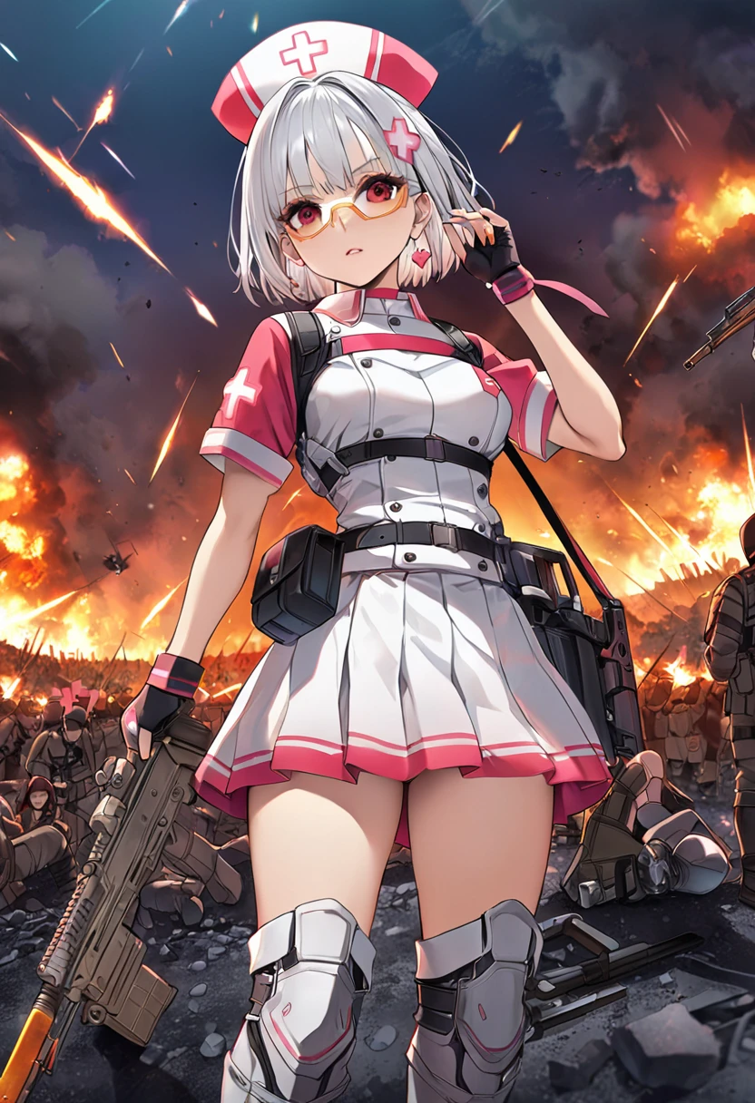 masterpiece、highest quality、Ultra-high resolution、Maximum resolution、Very detailed、Professional Lighting、anime、Adult female、thin、so beautiful、、Nurse uniform、Has a submachine gun、Red Eye、Silver Hair、Short Hair、Earrings、Fingerless gloves、Tactical Boots、Equipped with transparent orange shooting glasses、Equipped with a chest rig、Standing alone on the battlefield