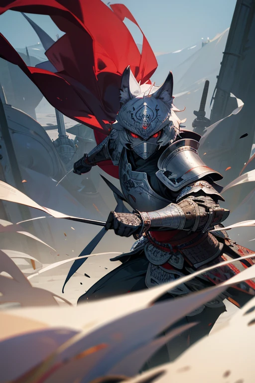 masterpiece、Wolf Knight, Fine Armor, Intricate Design, Silver, silk,8k, sharp、View your audience、Red eyes、Create with this image in mind、Samurai Armor、