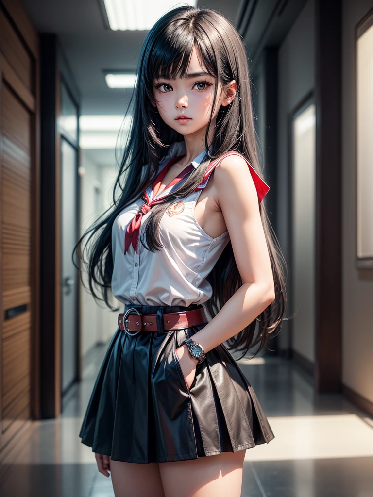 pretty, young, girl, long hair, black hair, red eyes, bangs, dark shirt, sleeveless, white collar, red tie, small breast, black gloves, black skirt, upper body, white skin, 18 year old, beauty, 1 girl, intimidating, look put hands behind head, armpits, armpits visible,