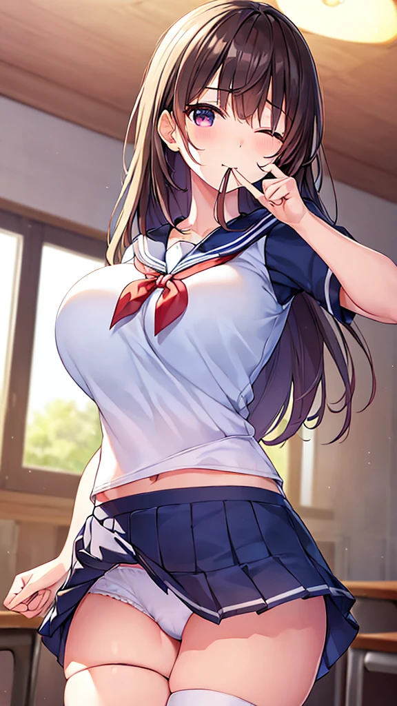 (best quality、8K、32k、masterpiece、north african trade zone、ultra high resolution、Impressionism、Photo realism:1.2)、big breasts、Cowboy shooting, Detailed face and eyes、 inside the classroom、School、Sunset、pretty face、blurred background、16 year old beautiful girl、shiny skin、Hair raised halfway up、beautiful brown hair、dull bangs、brown eyes、(close one eye、Place your index finger to your mouth:1.2)、Sailor suit、pleated mini skirt、curve、(lift up skirt、i can see your pants:1.2)、thigh thigh thigh、(Navel exposed:0.4)、dynamic poses, white panties,
