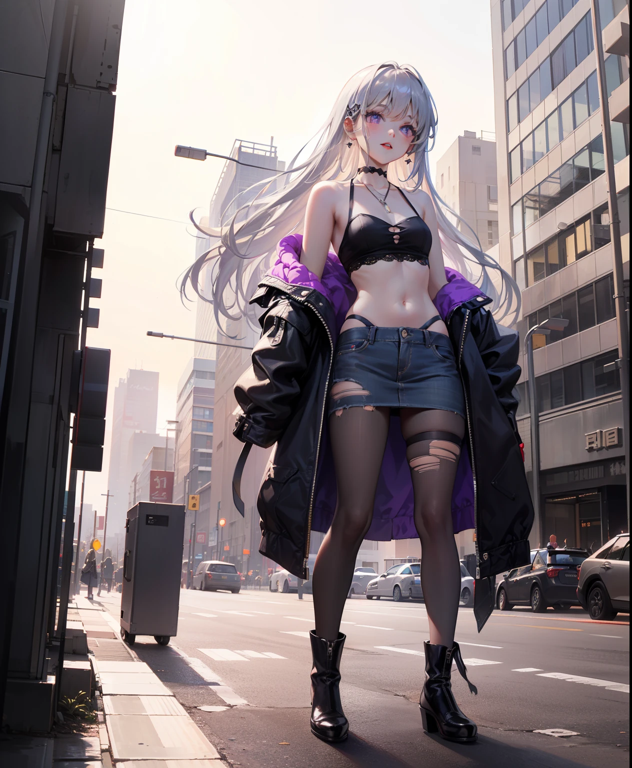 Dynamic posing, dynamic angle,Top quality work，Show Legs,8K, photo image, masterpiece,super resolution ,(long silver hair with purple ends),(purple eyes), lovely red lips, 8K quality, Pale light and shadow, Dindal effect, Very bright white background, 1 girl,lovely red lips, ( only black Cropped strappy top),((mini denim skirt in vintage dark grey wash, raw frayed hem and low rise waist)), punk boots, (torn pantyhouse), (at the tokyo street),small round chest,full-body view，16yo,(building in the background)