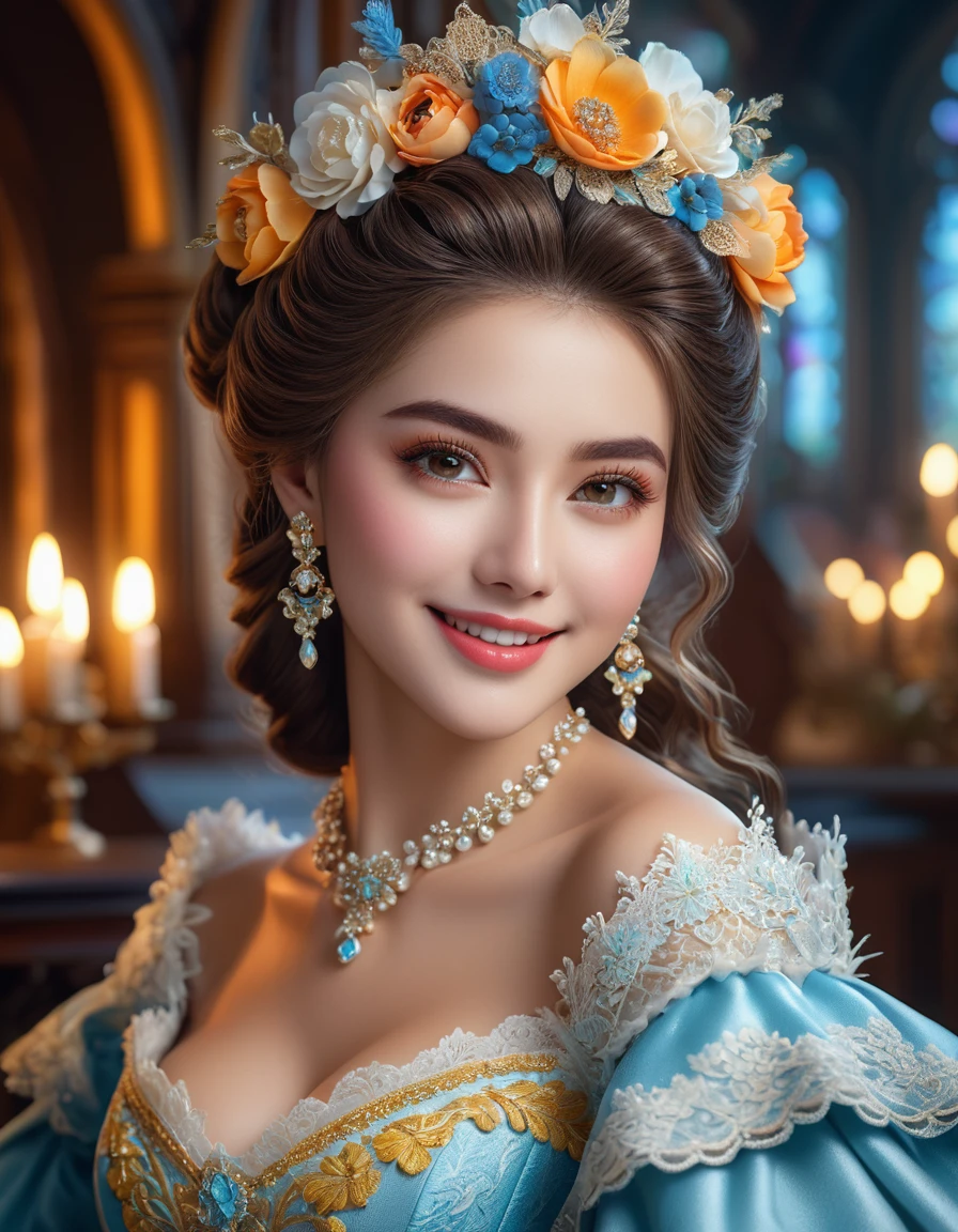 ultra high quality image, close-up, stunningly beautiful girl, long fluffy eyelashes, modern rococo style, with impressionistic softness, snow-white smile, bright colors, ambient lighting, clothes decorated with intricate lace and flowers reminiscent of the era, the scene exudes the highest quality , mutual love, 8k HDR Dolby Vision, digital art, ultra HD, realistic, vibrant colors, high detail, perfect composition, beautiful detailed intricate insanely detailed octane rendering, trending on artstation, 8k art photography, photorealistic concept art, soft natural 3D cinematic perfect light. Lots of details, intricate details, brilliant, magical, stunning, a work of art, a masterpiece.