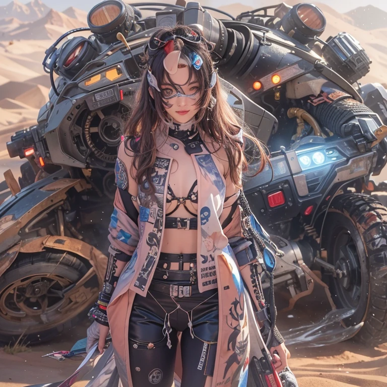 Ride a futuristic mobile、Hair flows、 ((highest quality、masterpiece、8k、best image quality、ultra high resolution、Award-winning work)、(accurate anatomy:1.1)、(look at me and smile:1.1)、Shining fair skin with ultra high resolution、most detailed face、ultra high resolution detailed face、ultra high resolutionの髪の毛、(ultra high resolutionの煌めく瞳:1.1)、Beautiful face drawn in every detail、(blurred background:1.1)、cyberpunk clothes, chest together, tattoo, desert