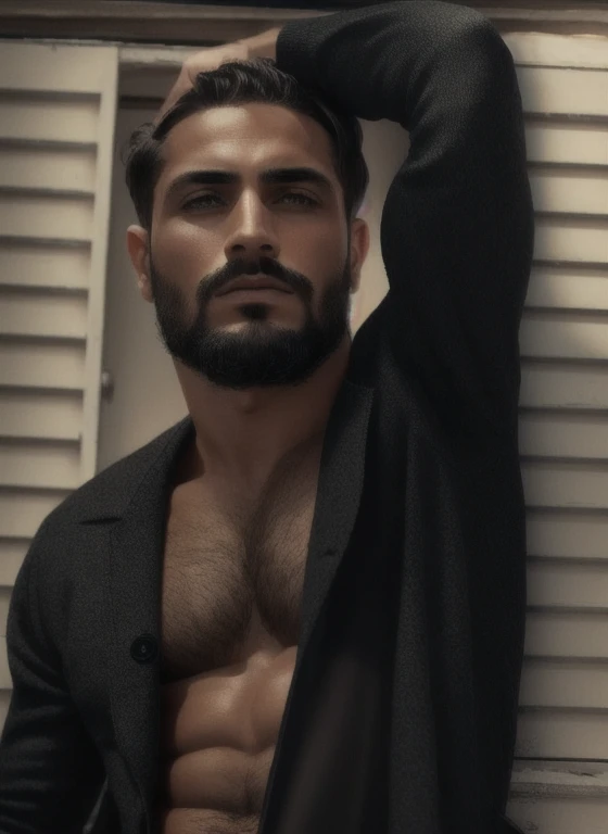 Brazilian man with 60s jacket (work of art, top quality, best quality, Official Art, beautiful, detailed, aesthetic: 1.2), jensen_dx, Alone, Looking at viewer, 1 boy, Closed mouth, torso, open clothes, open jacket, beard, mustache, black hair, overcoat, realistic, absurd, HDR, ultra detailed illustration, extremely detailed face, raw photo, skin pores, trend in deviantart,
Consume