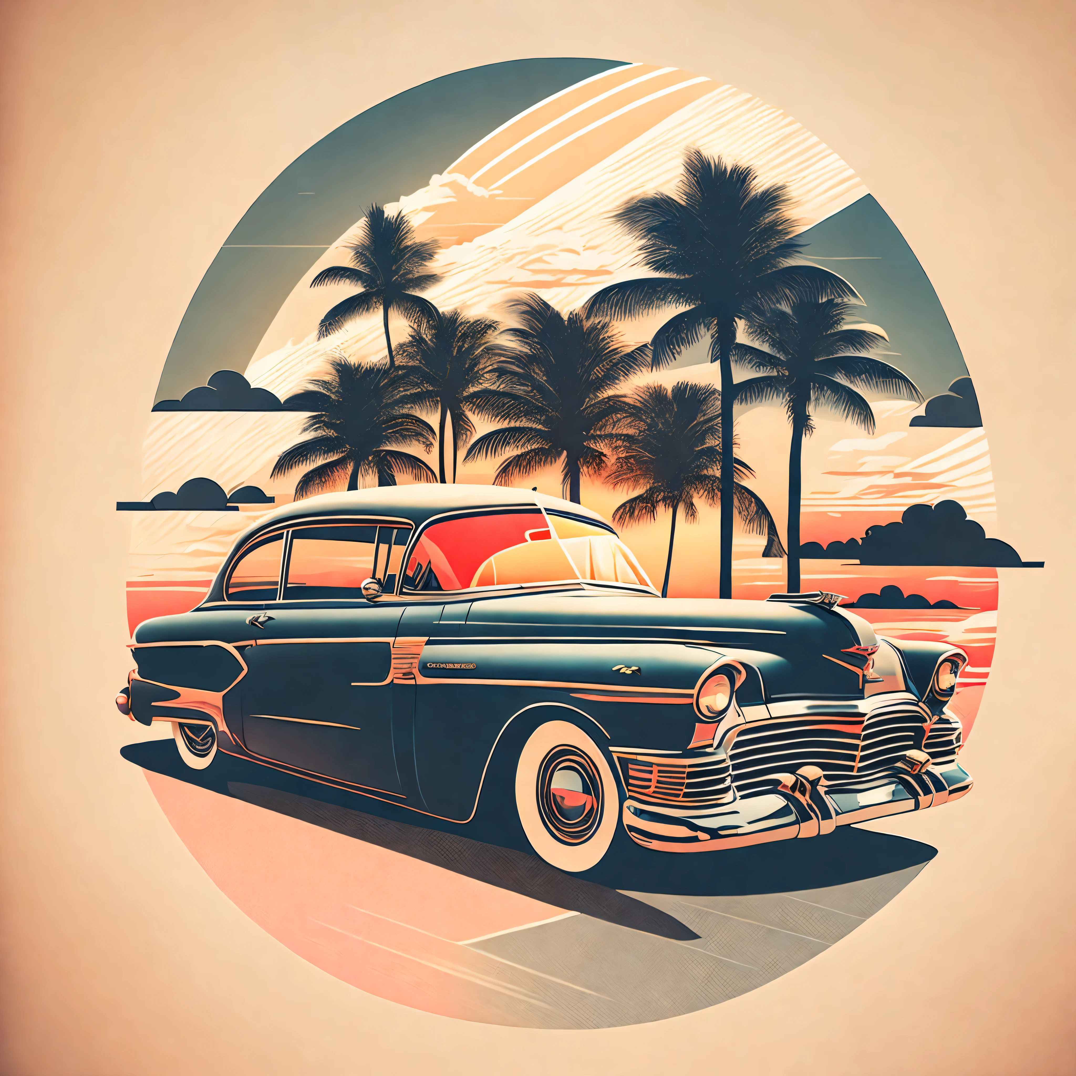 art for t-shirt graphic design, a retro graphic design,  carros antigos, cor suave, tom pastel vintage, limpeza altamente detalhada, imagem vetorial,  obra de arte, Fotografia Profissional, carro realista,  fundo do nascer do sol do carro, fundo preto liso, , vetor vibrante