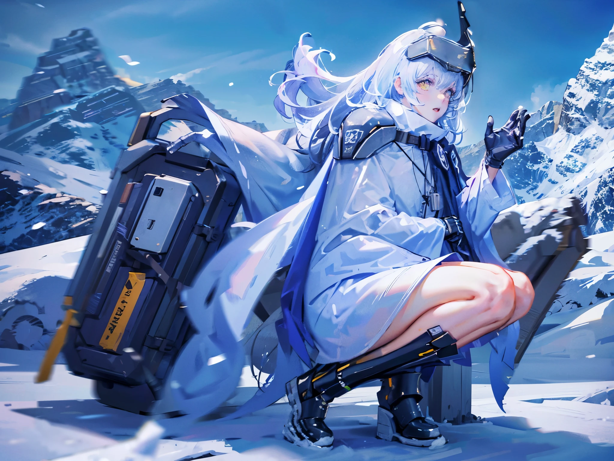 yellow eyes, white hair, long hair, headgear, mechanical boots, cloak, bare legs, single pauldron,Snowy mountains, nothing,1 people,blue atmosphere, blue sky,white wolf,patting the wolf