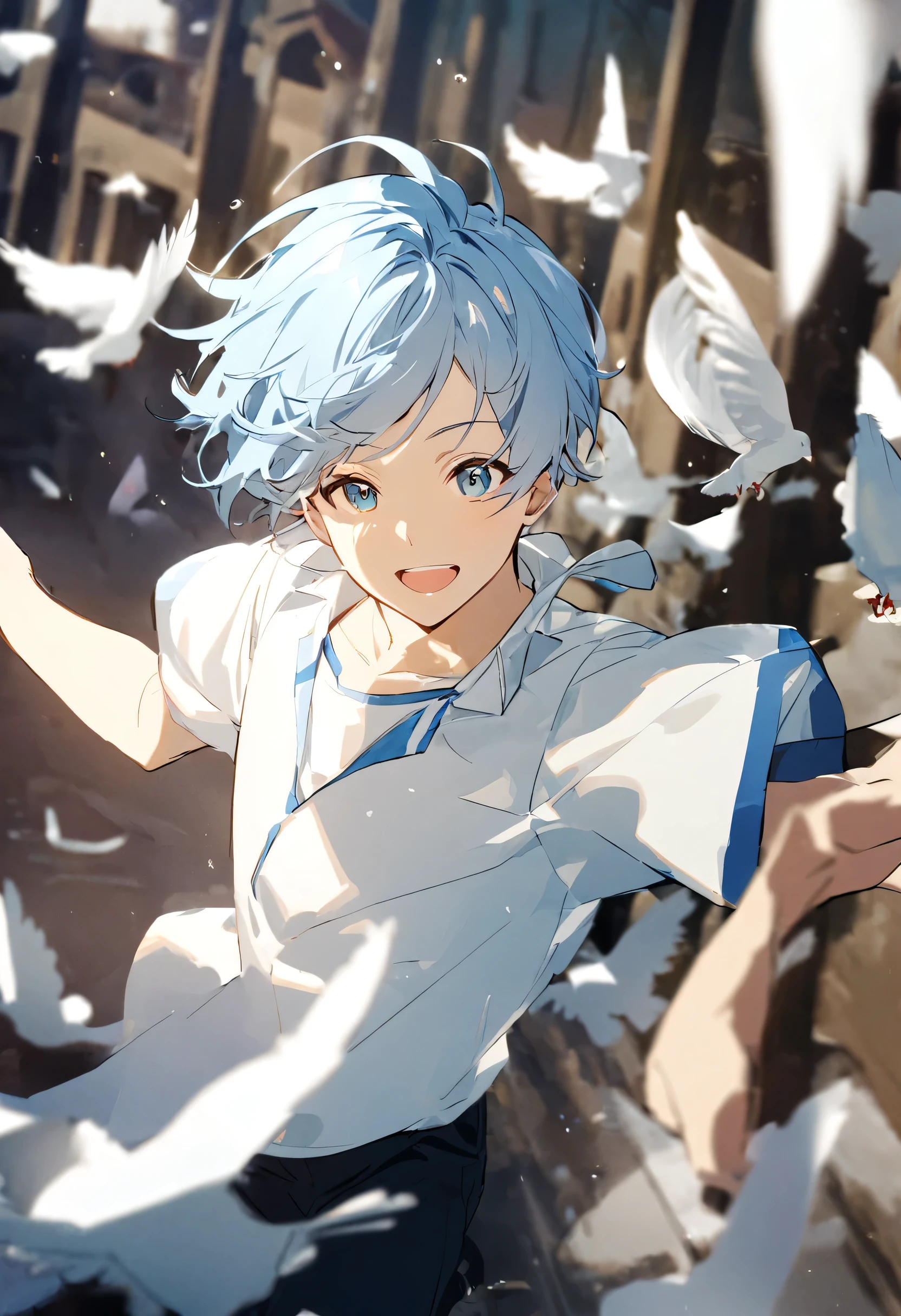 Long light blue hair、A cheerful young man、Short-sleeved shirt、Flying white dove