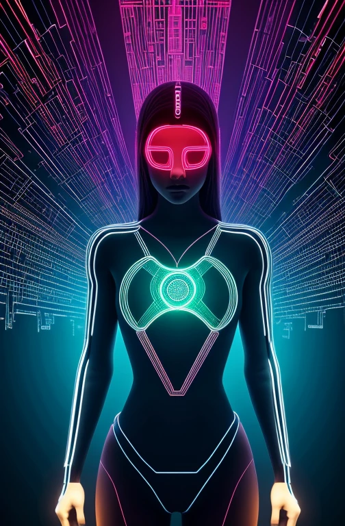 Half Body. high quality, 8K Ultra HD,Digital human from binary code,Female characteristics,Illuminated by a stream of purple binary code, ,Straight lines and patterns, Weaving together,Creating a fusion of technology and art, Background with binary code, Hues range from electric blue to bright green,