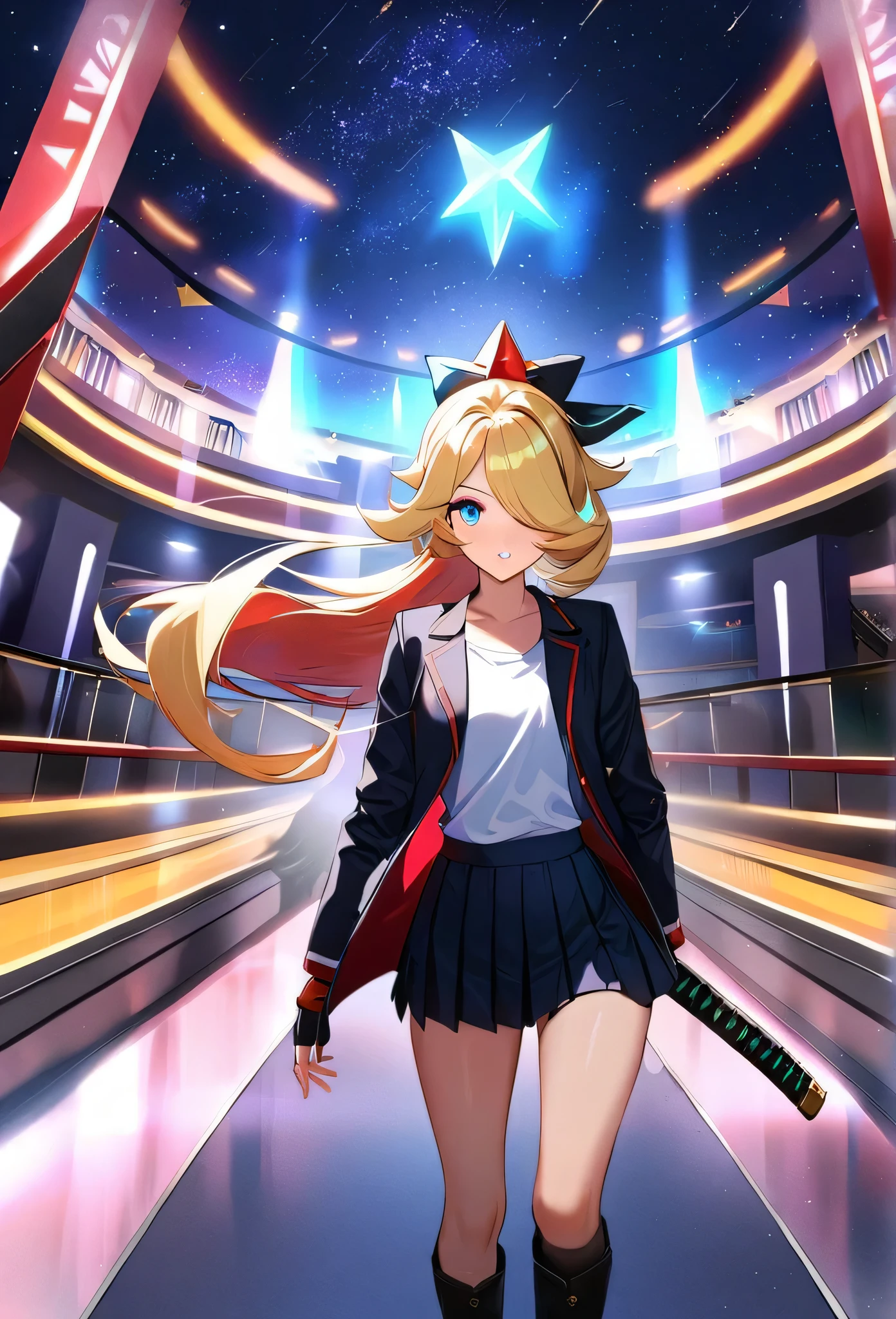 1 girl, ultra long ponytail hair, side bangs hair, gorgeous woman, hair over one eye Rosalina hair style, blonde, red bangs in the hair, with red fringes, ultra detailed face, glowing lips, glowing, school girl, glowing lips, glowing blue eyes, elegant walk, catwalk, cute, long eyelashes, long black boots , looking to the sky, starry sky, holding down a katana, ultra detailed katana, short skirt, fingerless gloves, fitness, confident, white t shirt, cute woman, dinamic view