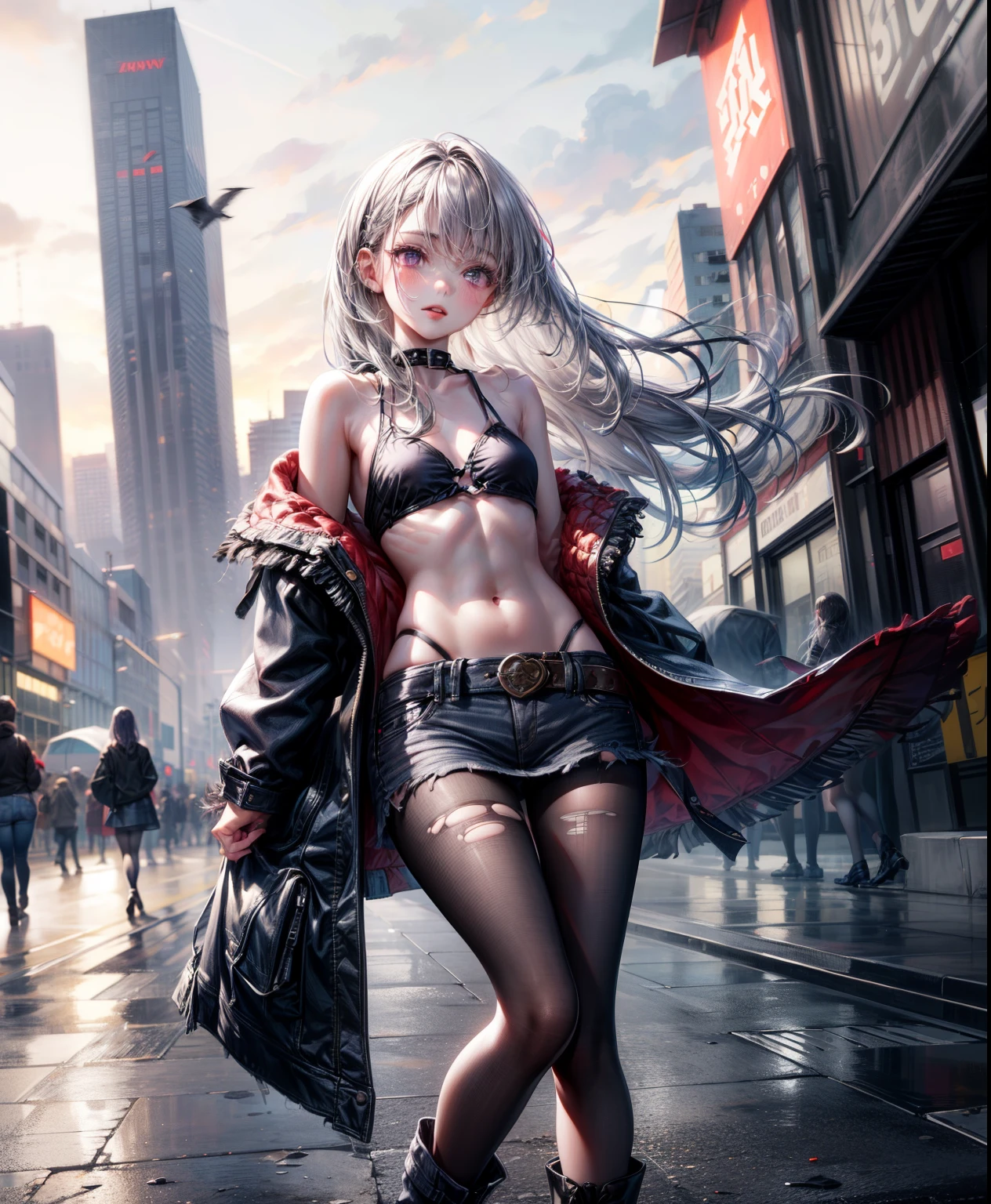 Dynamic posing, dynamic angle,Top quality work，Show Legs,8K, photo image, masterpiece,super resolution ,(long silver hair with purple ends),(purple eyes), lovely red lips, 8K quality, Pale light and shadow, Dindal effect, Very bright white background, 1 girl,lovely red lips, ( only black Cropped strappy top),((mini denim skirt in vintage dark grey wash, raw frayed hem and low rise waist)), punk boots, (torn pantyhouse), (at the tokyo street),small round chest,full-body view，16yo,(building in the background)