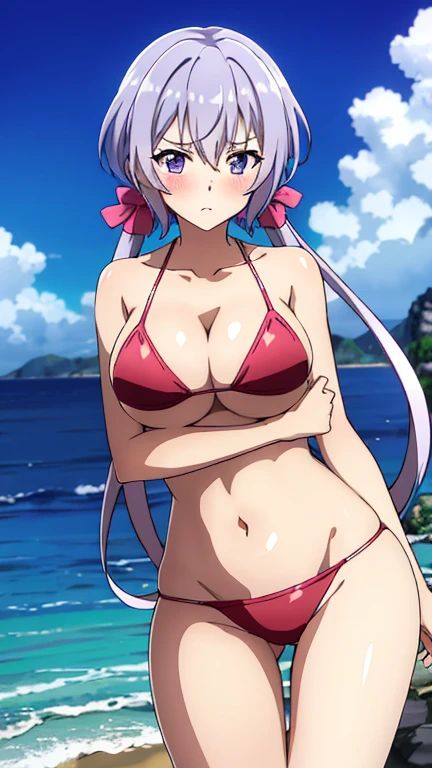 (highest quality, 8k, High resolution, masterpiece:1.2), Anime art style, Yukinecris, 1 girl, Perfect Face, Perfect Eyes, Large Breasts,Cleavage, Silver Hair, Low Twintails, Pink Hair、ribbon、Purple Eyes, Thin twin tails, Long Hair, Embarrassed expression,Blushing, alone, Red frilly micro bikini, Cowboy Shot,  Viewer ratings,Beautiful sea