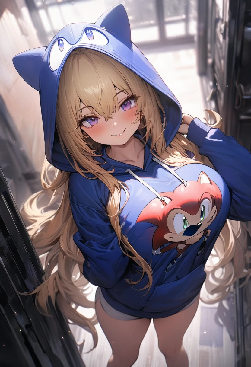 (masterpiece:1.2, best quality), (highly detailed), gym locker room, 1girl, 13yo girl, , long legs, long hair, blonde, (white pantielue sonic the hedgehog hoodie)), standing, smile, Original Character, Volumetric Lighting, Best Shadows, Shallow Depth of Field, (Highest Quality, Amazing Details:1.25), Brilliant Colorful Paintings (Huge breasts: 1. 2,),