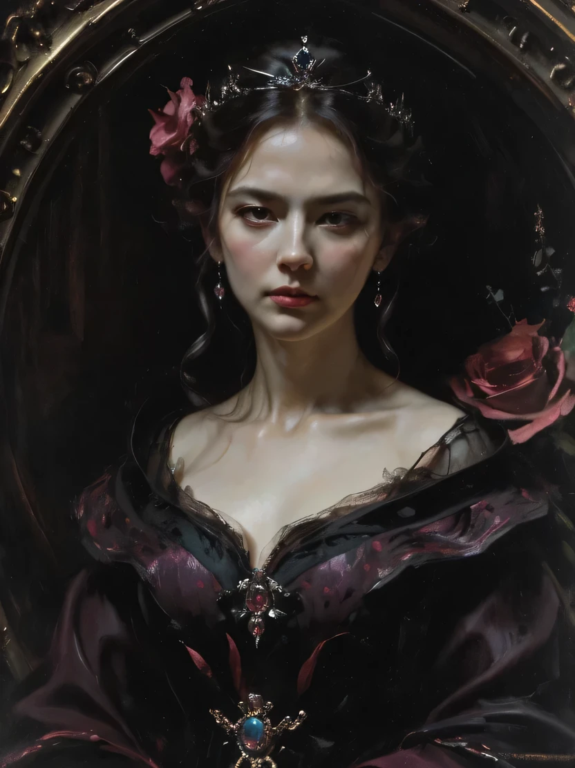((masterpiece、highest quality、Very detailed、High resolution、Sharp focus、Cinema Lighting))、(1 female、Bust Shot、Face Light))、Adult woman in her 40s、A stunning portrait of an exiled queen、Persephone, Queen of the Dead、Lilith、Captivating woman、There is elegance、Jewelry and Accessories、The cruel queen of the night、Black tone、Mysterious horror、Gothic、darkness、none、Black Ghost、Immortal Soul、Strict atmosphere、Solemn atmosphere、Oil painting、((View your viewers))、masterpiece