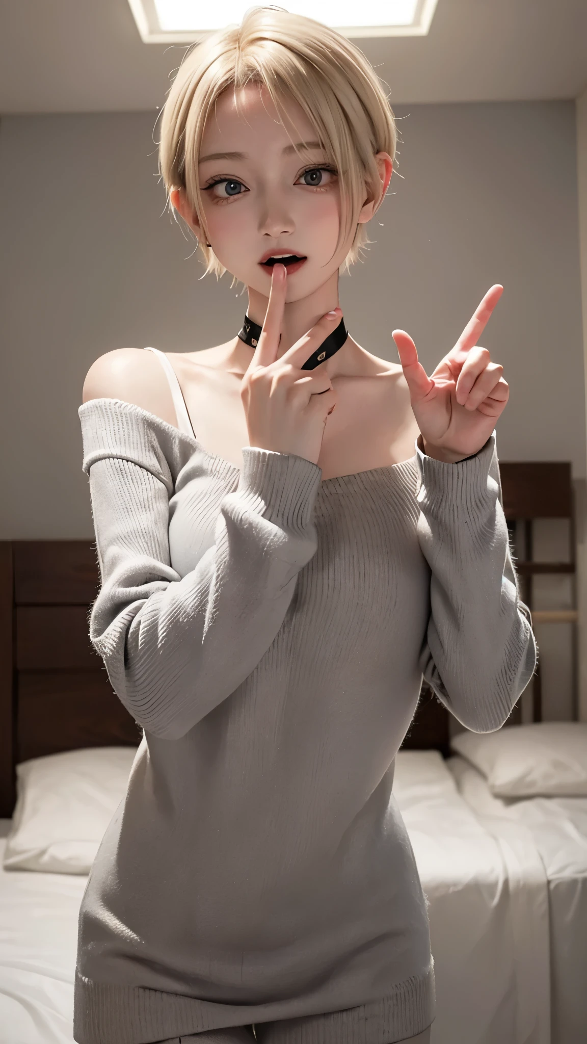 1 Girl、solo、masterpiece,highest quality,High resolution,Very detailed, skinny,Black Choker,Earrings,Big cleavage、Off-the-shoulder tight sweater dress,
(( Peace sign with both hands)), (Blowjob Gestures:1.5), (((Open your mouth))), Heavy breathing , (aheghentai face),
Blonde pixie short hair、
Accurate 5-finger、Accurate human body、The perfect human body、((Captivating smile ))、
Boyfriend room、A Guys room、A light-off room at night、indoor、High School Boy's Room、Detailed Background、