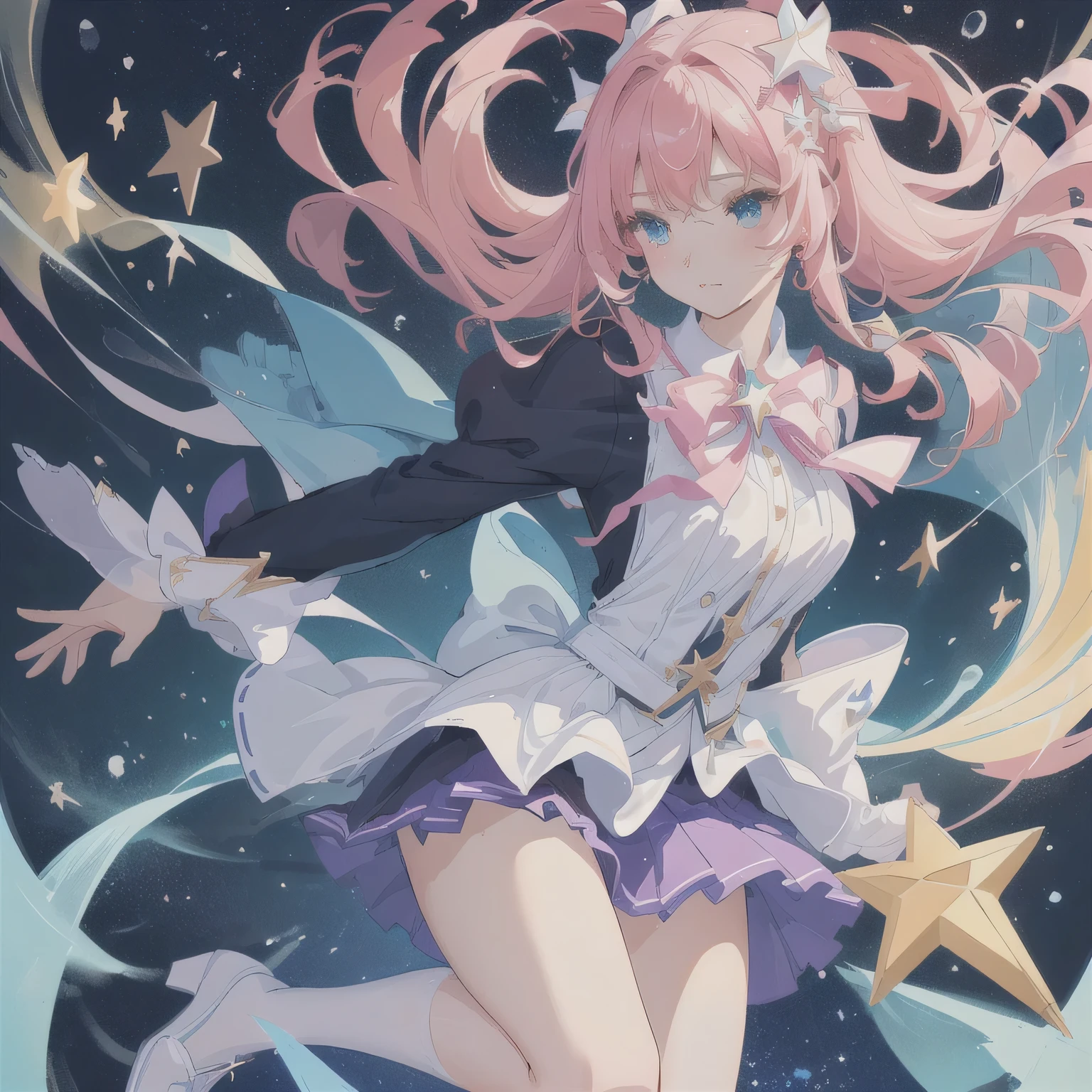 Woman in short skirt holding magic wand and star, Lolita in a skirt, Popular on artstation pixiv, Ink art animation , Clean and detailed anime art, Highest rated on pixiv, Popular topics on pixiv, Digital art on pixiv, Detailed key animation art, beautiful anime artwork, Popular on cgstation, Cute anime girl in a beautiful skirt