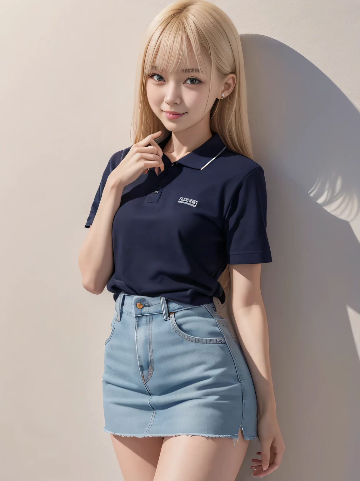 one person、one person、A 16-year-old high school girl poses for a photo in a navy blue polo shirt and a navy blue miniskirt、victory、Tsundere、smile、Saucy、Blonde、small、Slim girl model photo、body:Female Model、Japanese female fashion model、(8K、Raw photo、Best image quality、masterpiece:1.2)、(Genuine、photoGenuineistic:1.37)、Ultra-high resolution、Ultra-high resolution、Standing position、whole body、((((sexy)))、Pink wall、Shapely small breasts